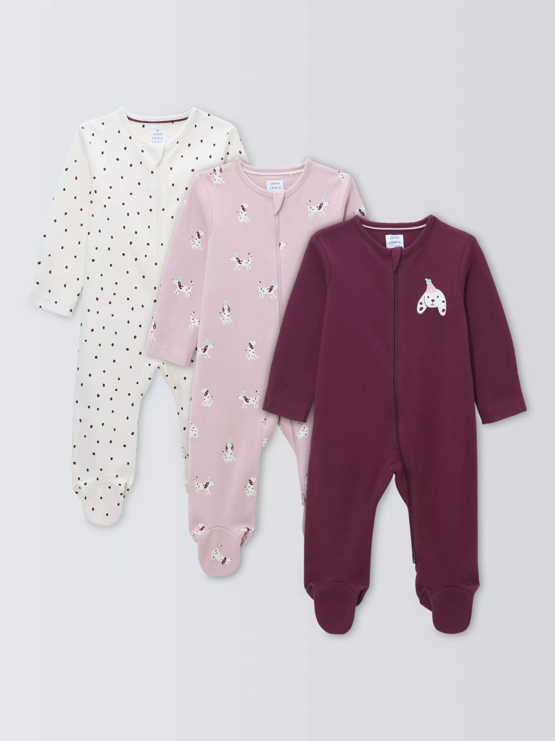 John Lewis Baby Dog Print Sleepsuit, Pack of 3, Purple Multi