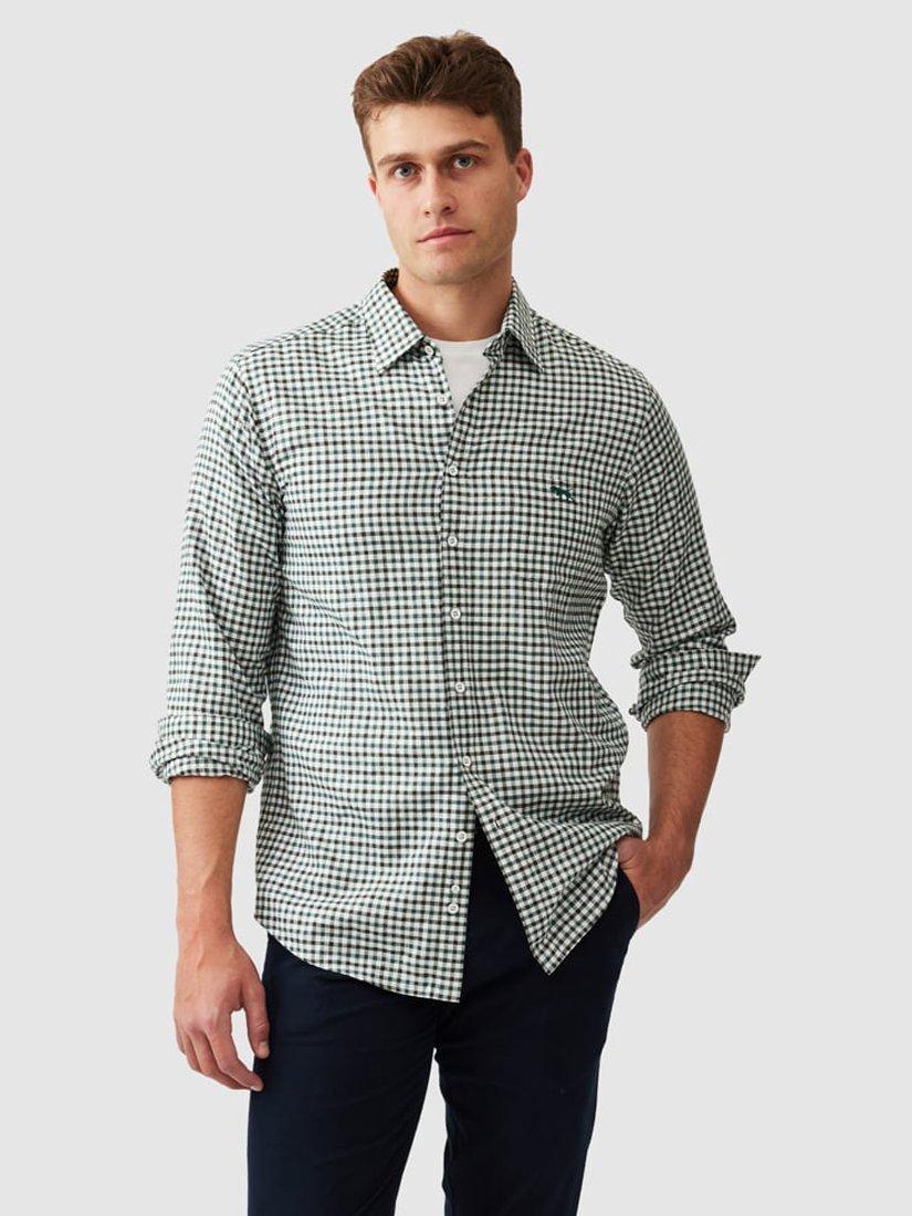 Product image 1 of 6, which shows Rodd & Gunn Gebbies Valley Check Linen Cotton Straight Fit Long Sleeve Shirt, Deep Forest, XS