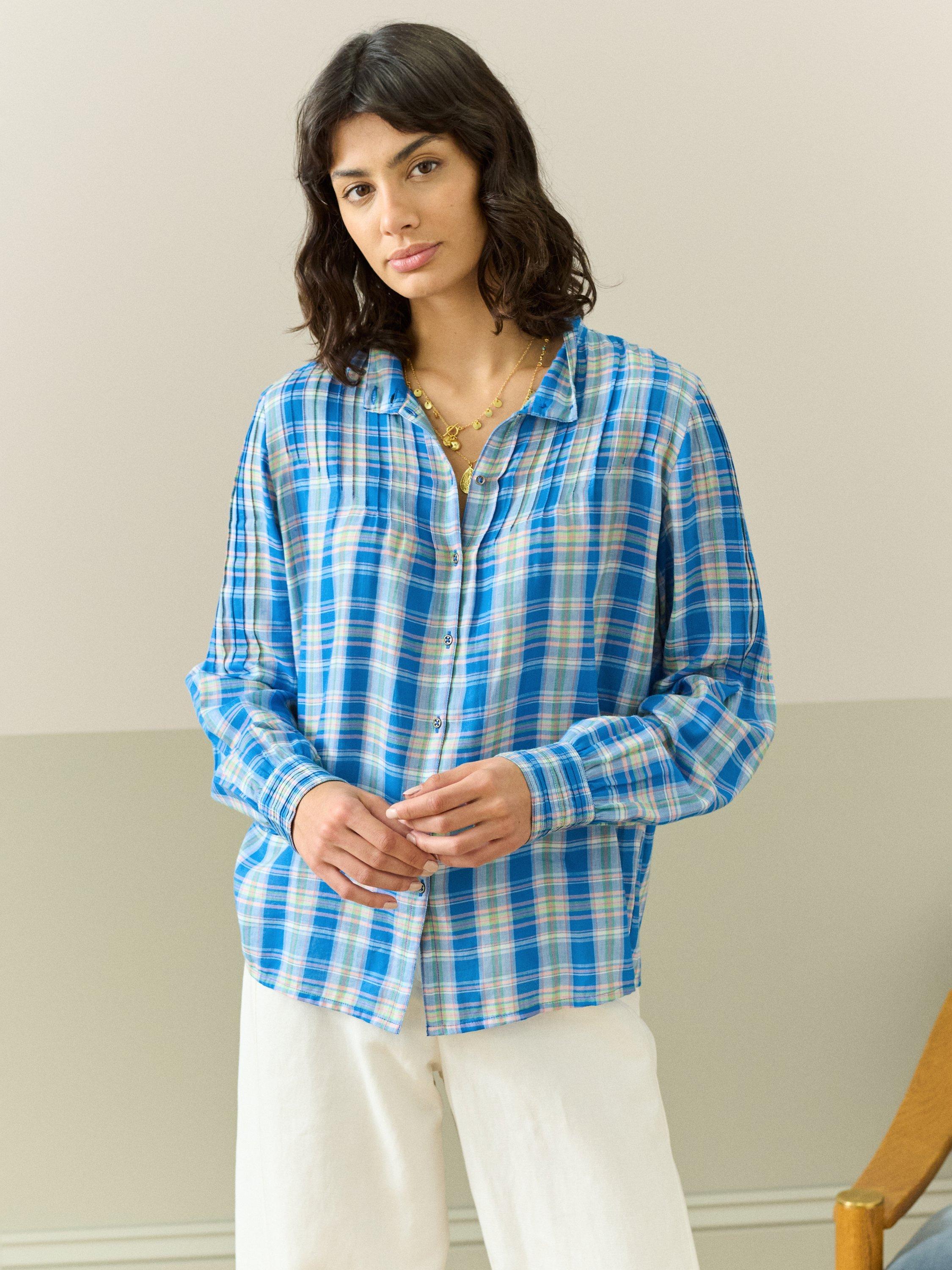 Product image 1 of 5, which shows Brora Check Pintuck Shirt, Sky/Rose, 6