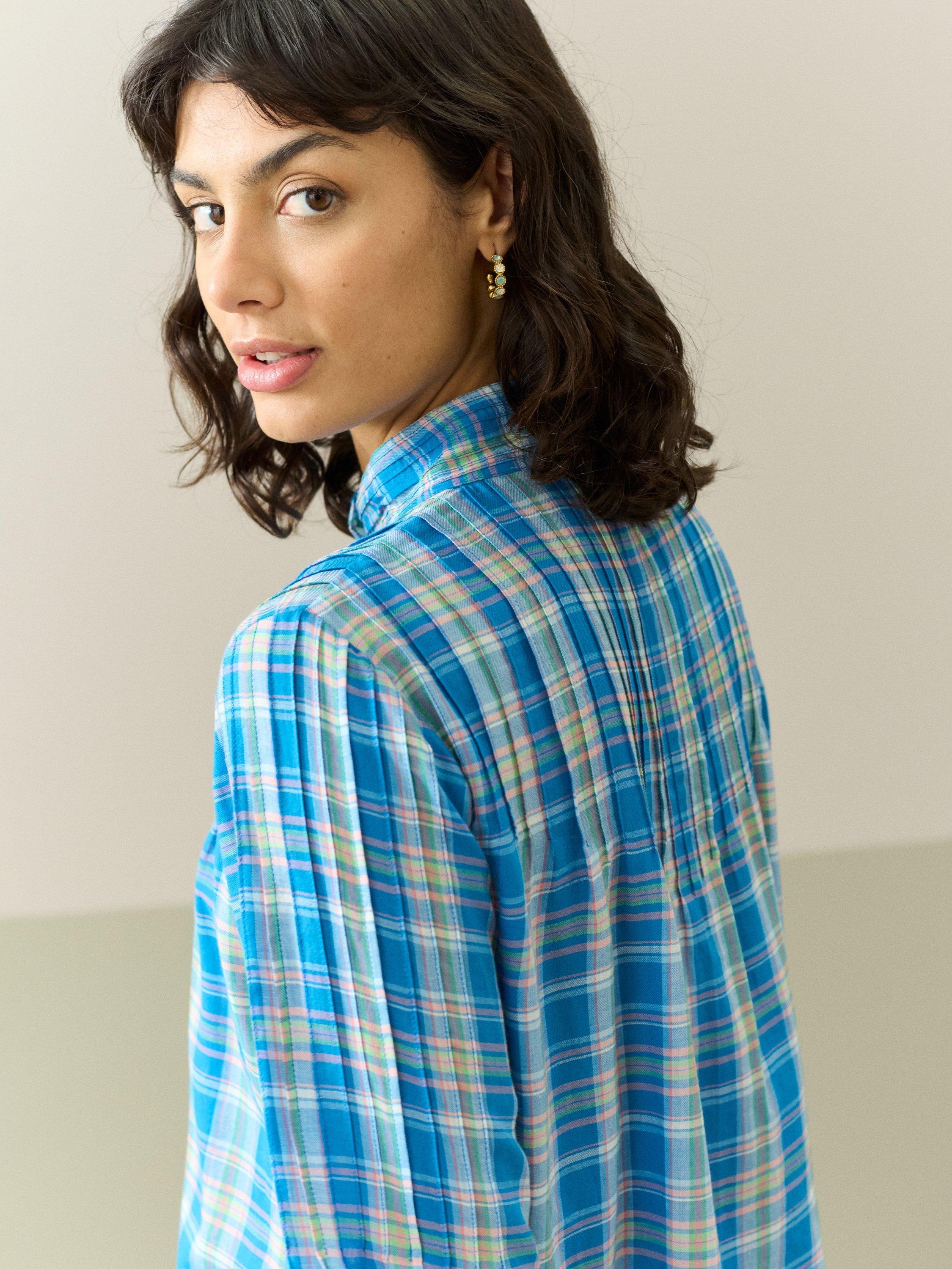 Product image 2 of 5, which shows Brora Check Pintuck Shirt, Sky/Rose, 6