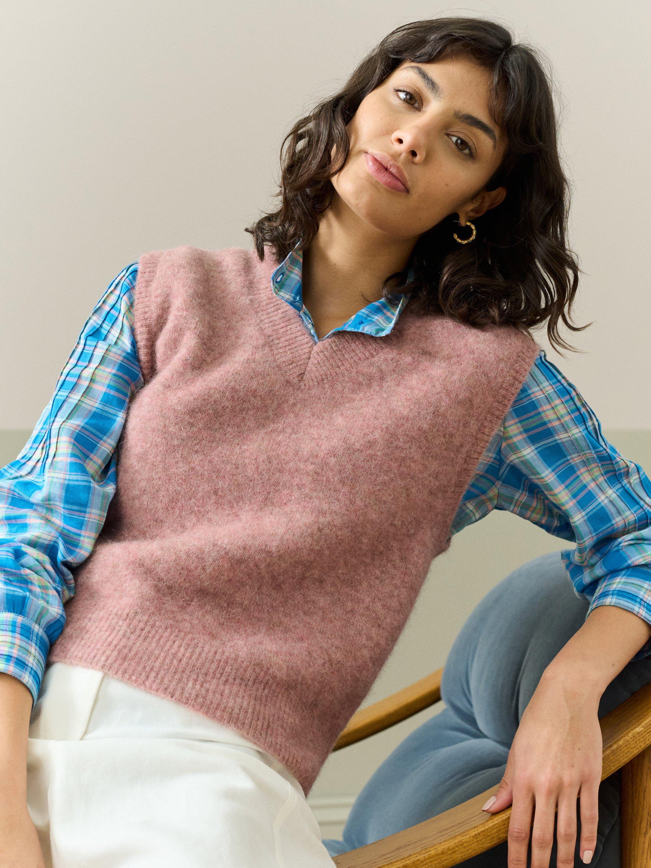 Product image 3 of 5, which shows Brora Check Pintuck Shirt, Sky/Rose, 6
