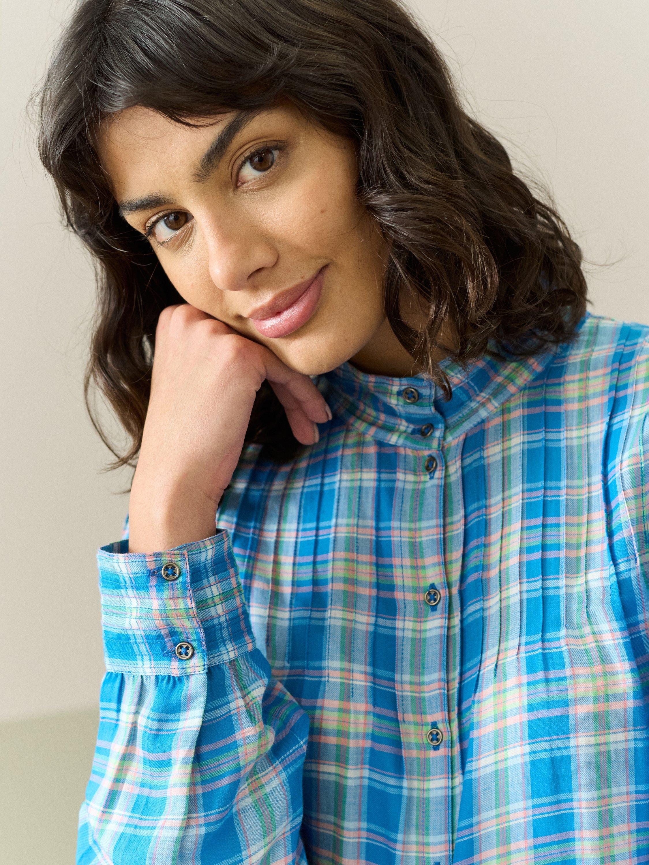 Product image 4 of 5, which shows Brora Check Pintuck Shirt, Sky/Rose, 6