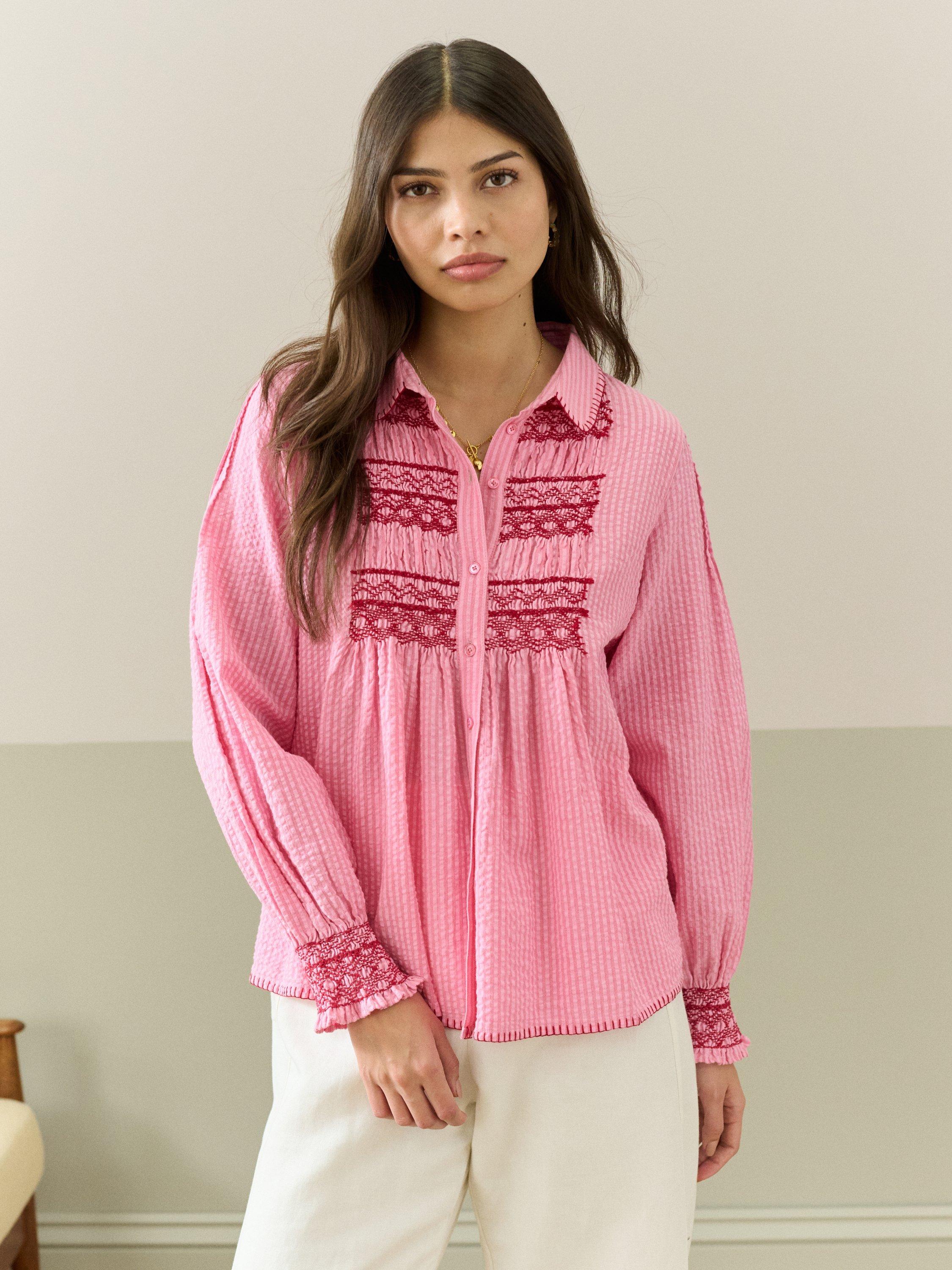 Product image 2 of 5, which shows Brora Stripe Embroidered Blanket Stitch Seersucker Cotton Blouse, Petal, 6