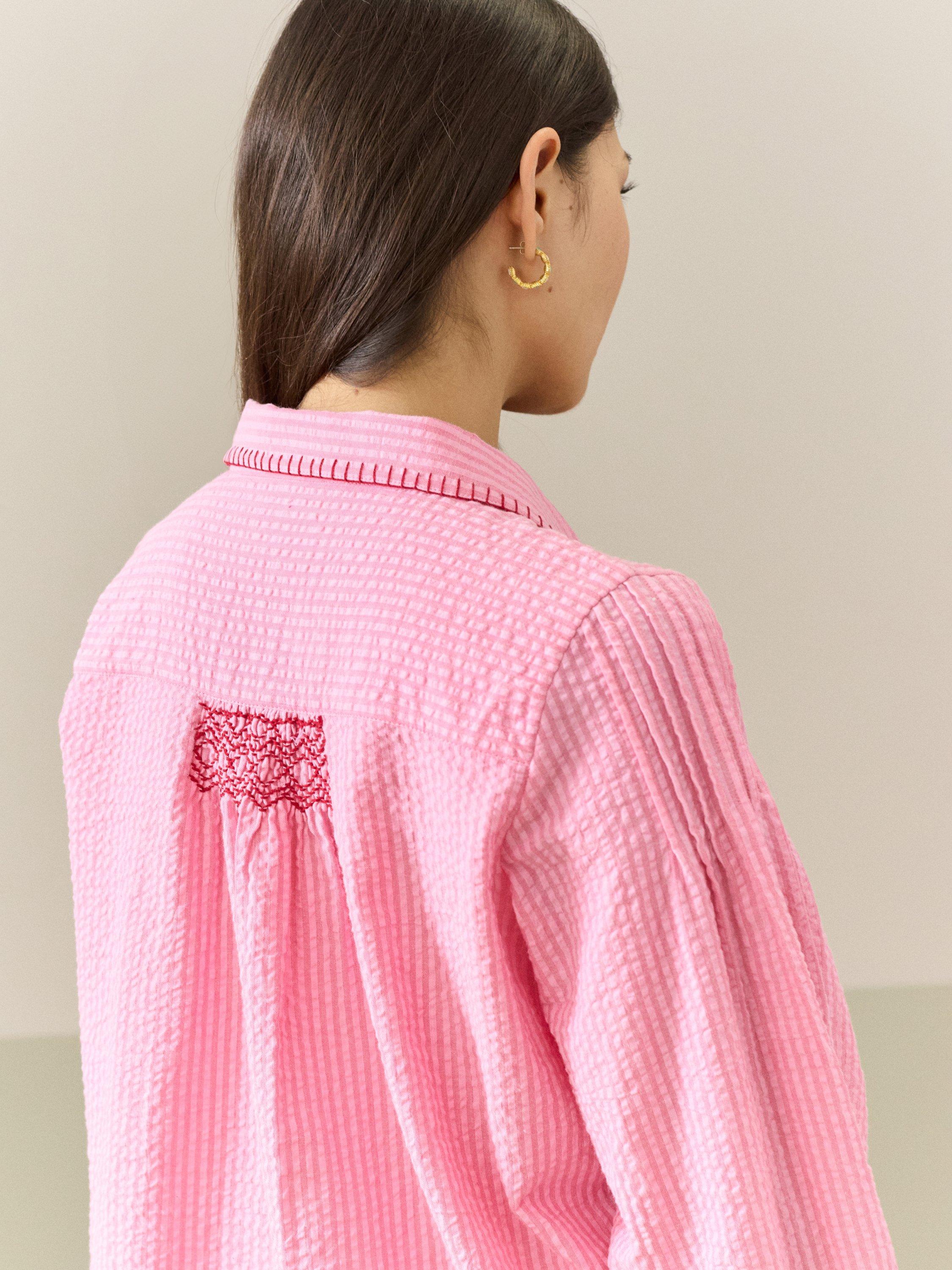 Product image 3 of 5, which shows Brora Stripe Embroidered Blanket Stitch Seersucker Cotton Blouse, Petal, 6