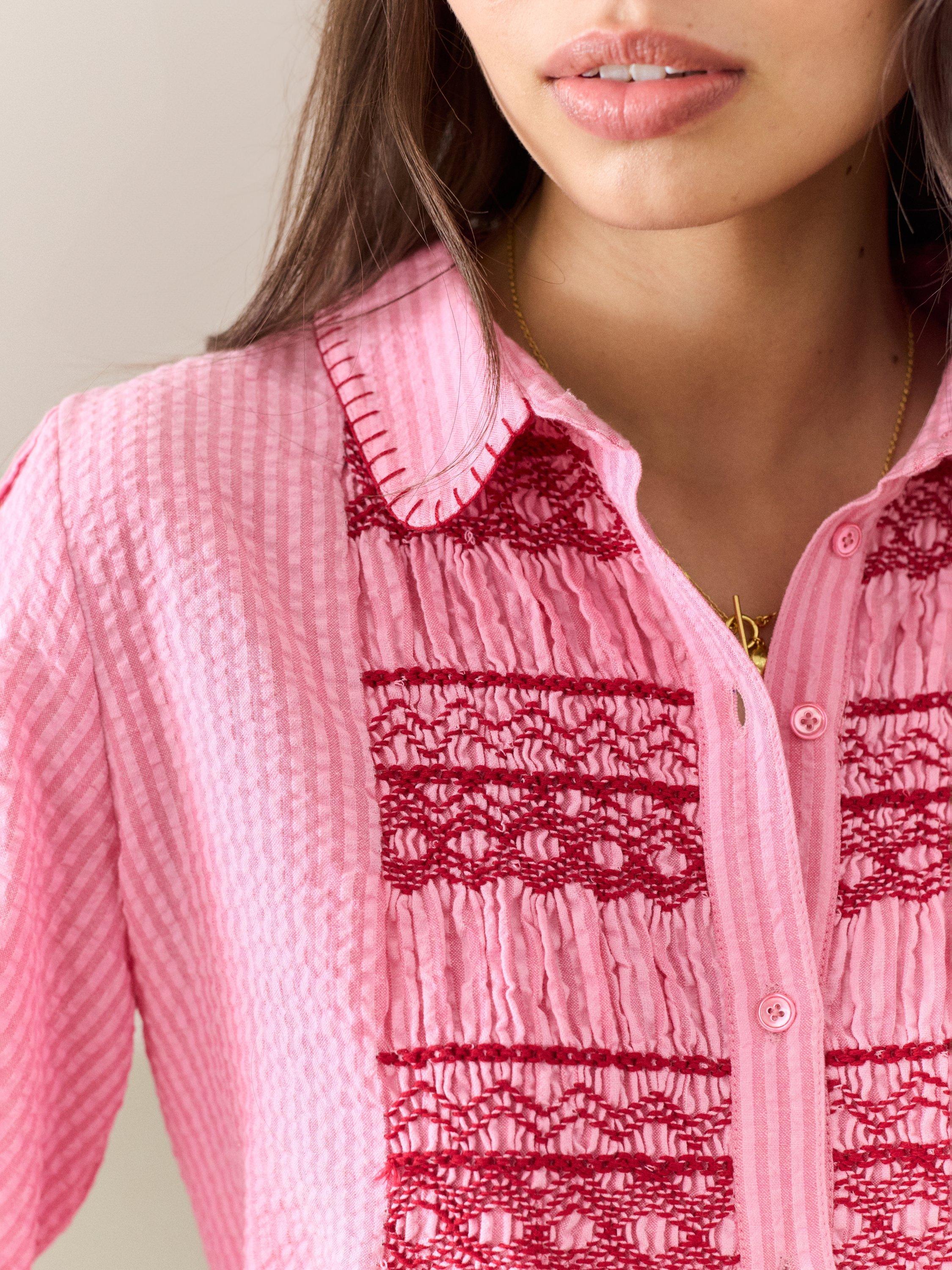 Product image 4 of 5, which shows Brora Stripe Embroidered Blanket Stitch Seersucker Cotton Blouse, Petal, 6