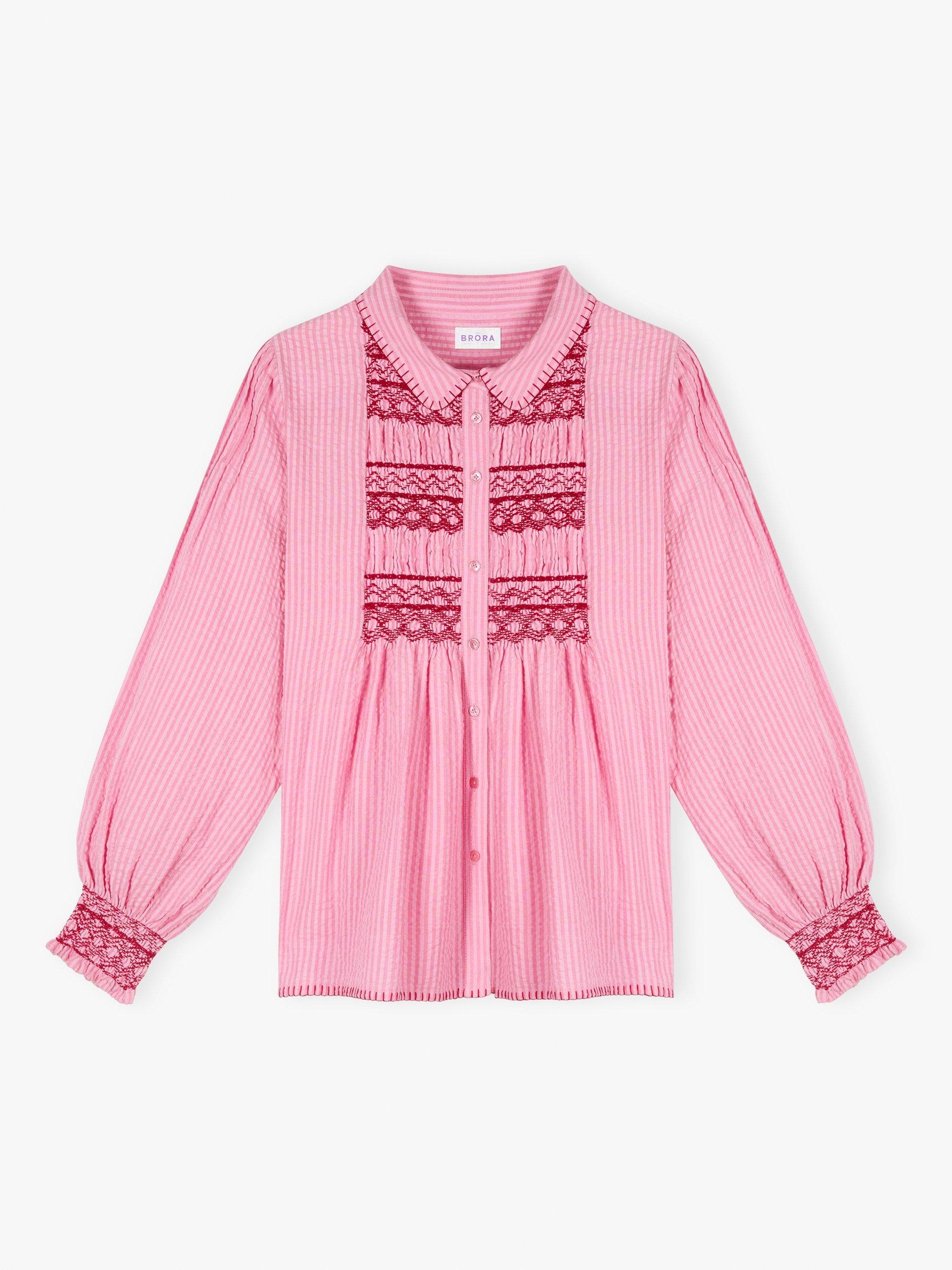 Product image 5 of 5, which shows Brora Stripe Embroidered Blanket Stitch Seersucker Cotton Blouse, Petal, 6