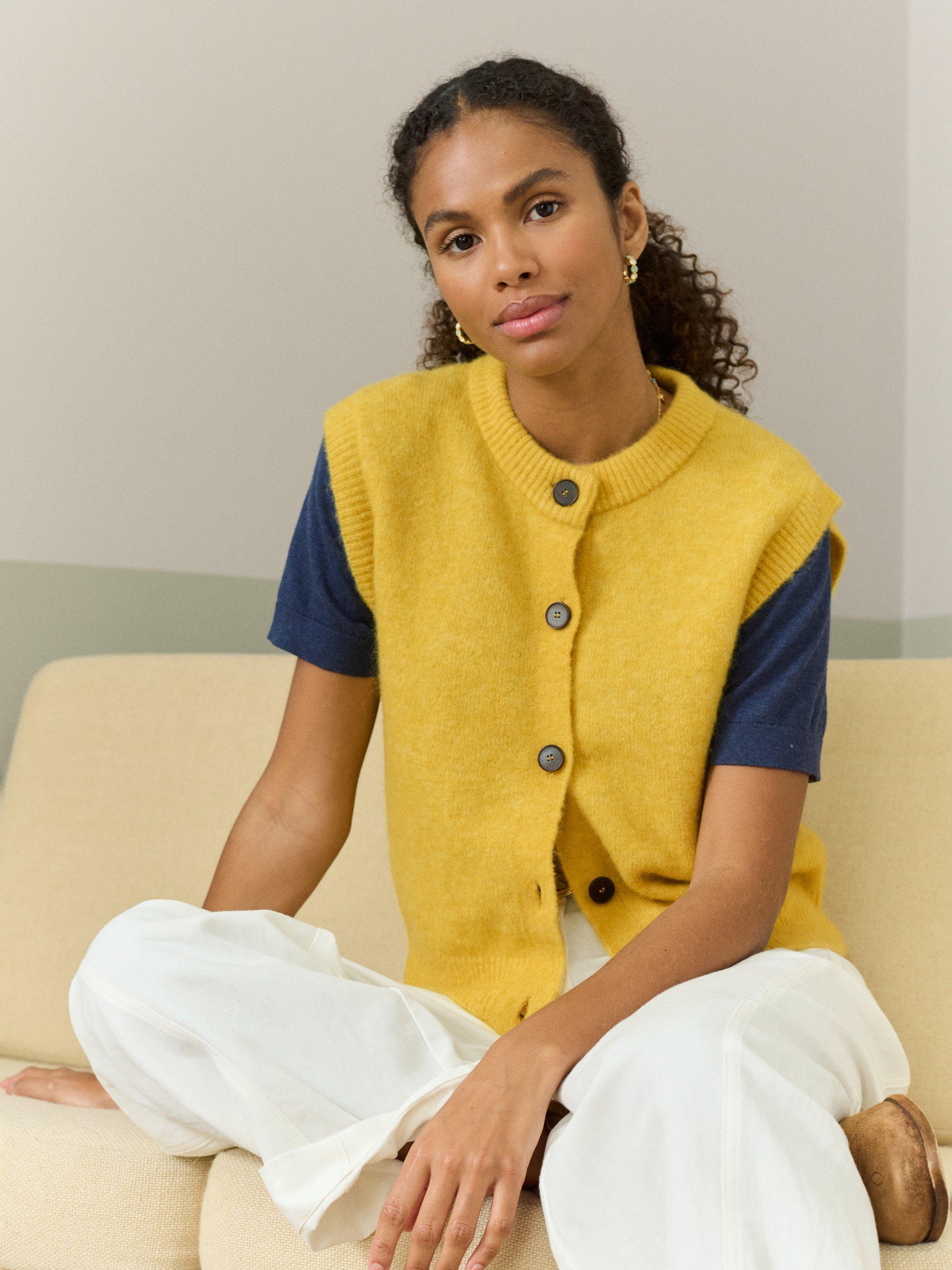 Product image 1 of 5, which shows Brora Round Neck Wool Rich Waistcoat, Primrose, 8