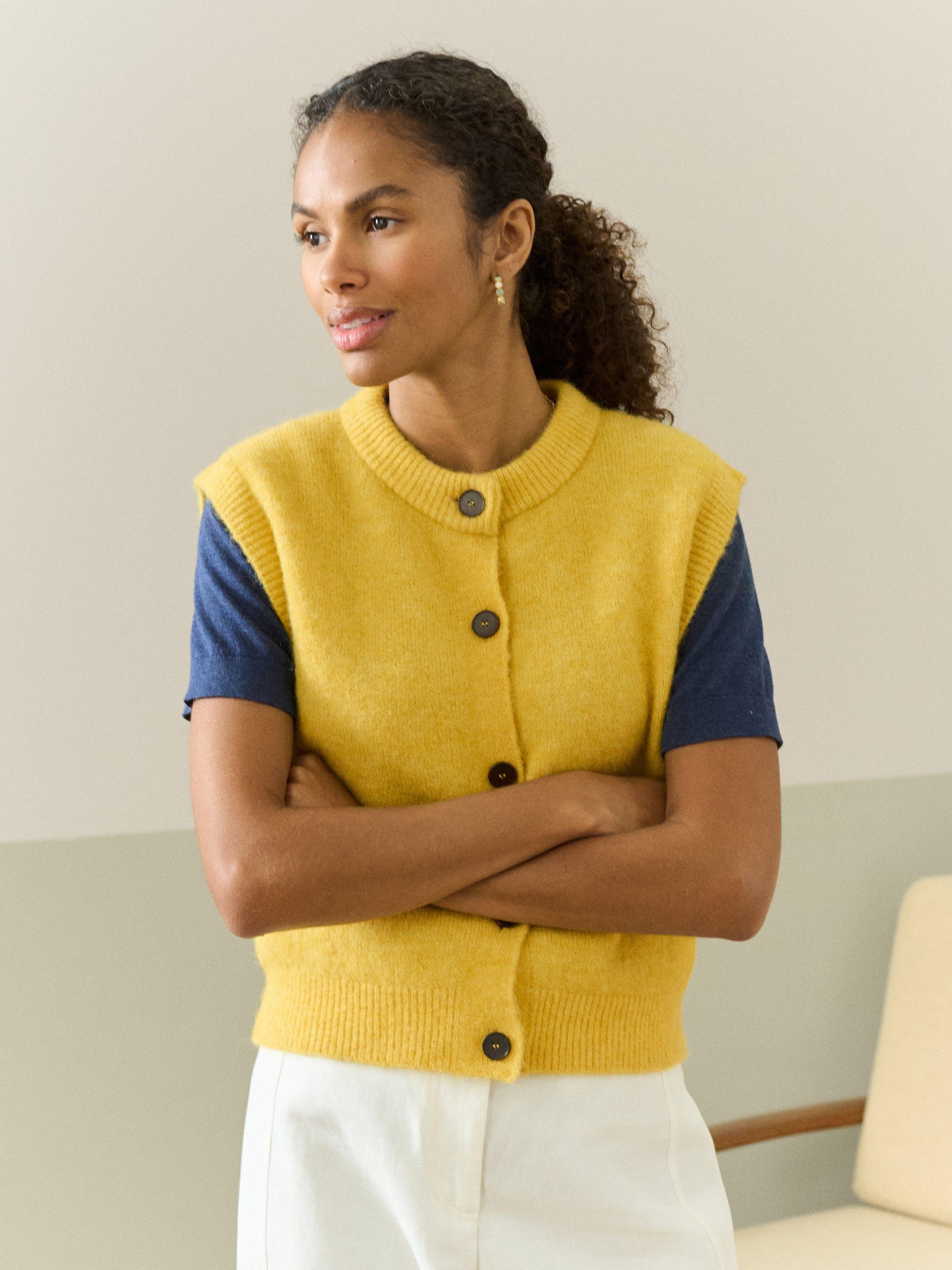 Product image 2 of 5, which shows Brora Round Neck Wool Rich Waistcoat, Primrose, 8