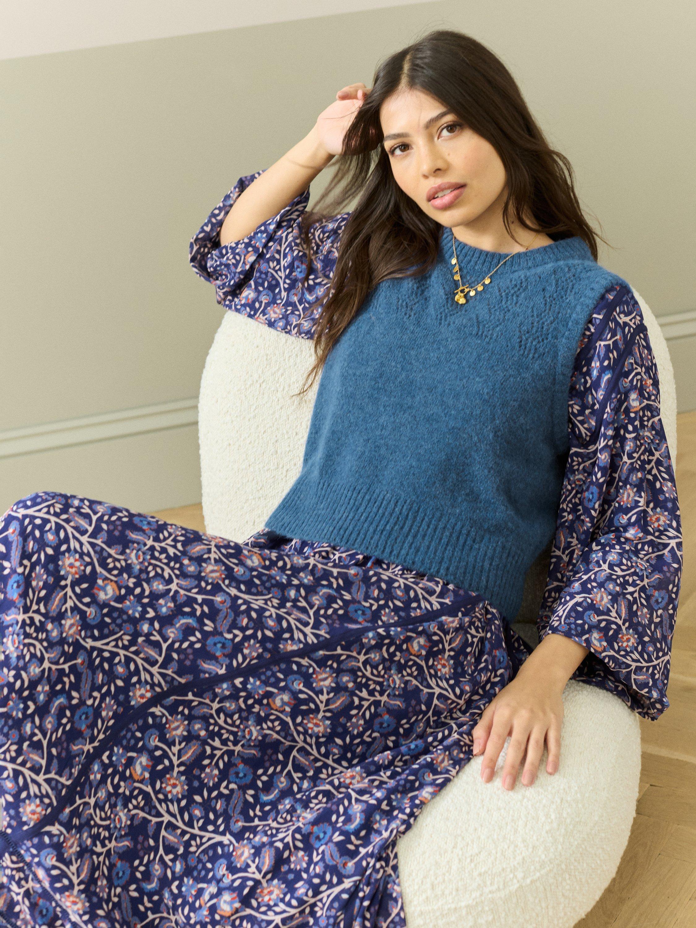 Product image 1 of 5, which shows Brora Textured Pointelle Yoke Wool Rich Tank Top, Delft, 8