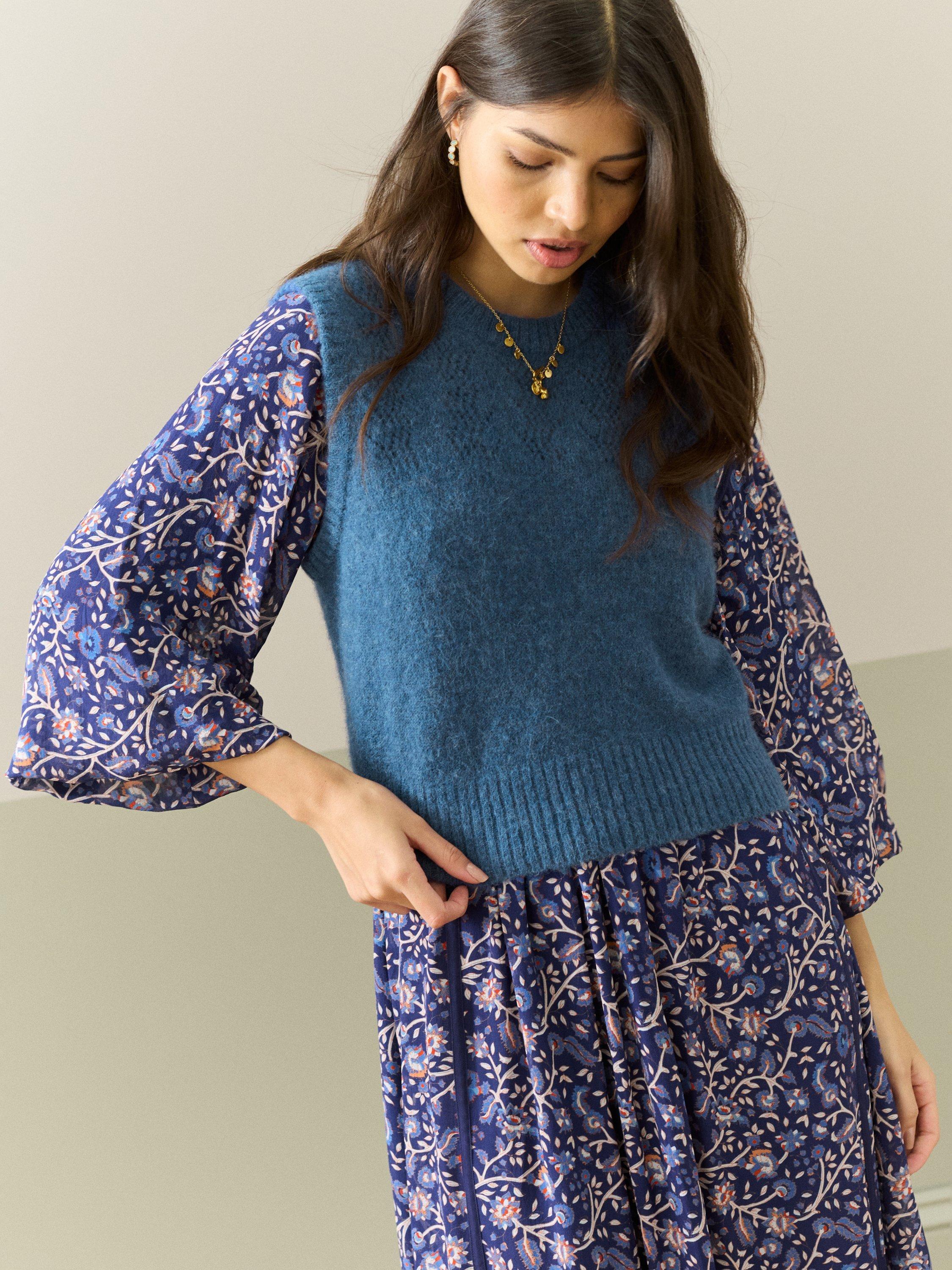 Product image 2 of 5, which shows Brora Textured Pointelle Yoke Wool Rich Tank Top, Delft, 8