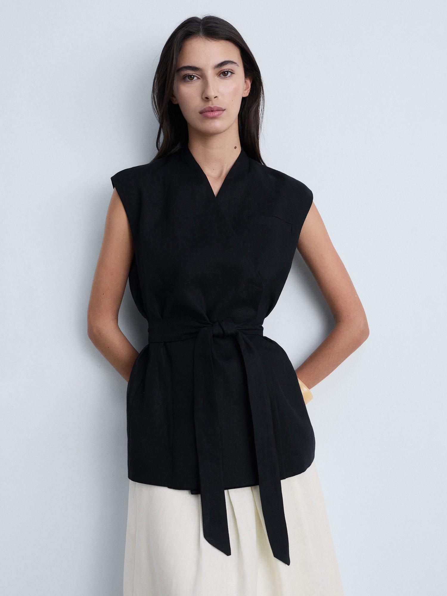 Mango Lino Pure Linen Belted Waistcoat, Black