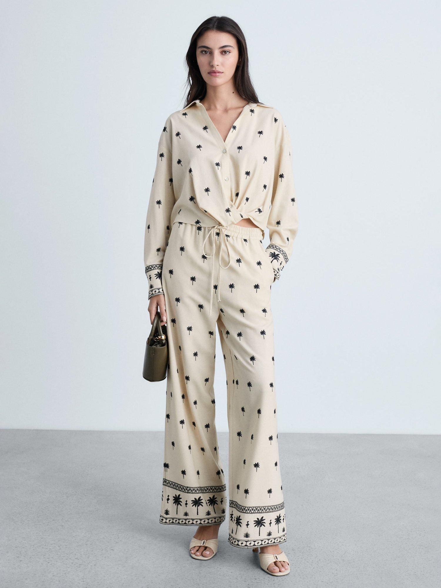 Product image 2 of 8, which shows Mango Embroidered Palm Knot Front Shirt, Beige/Black, 10