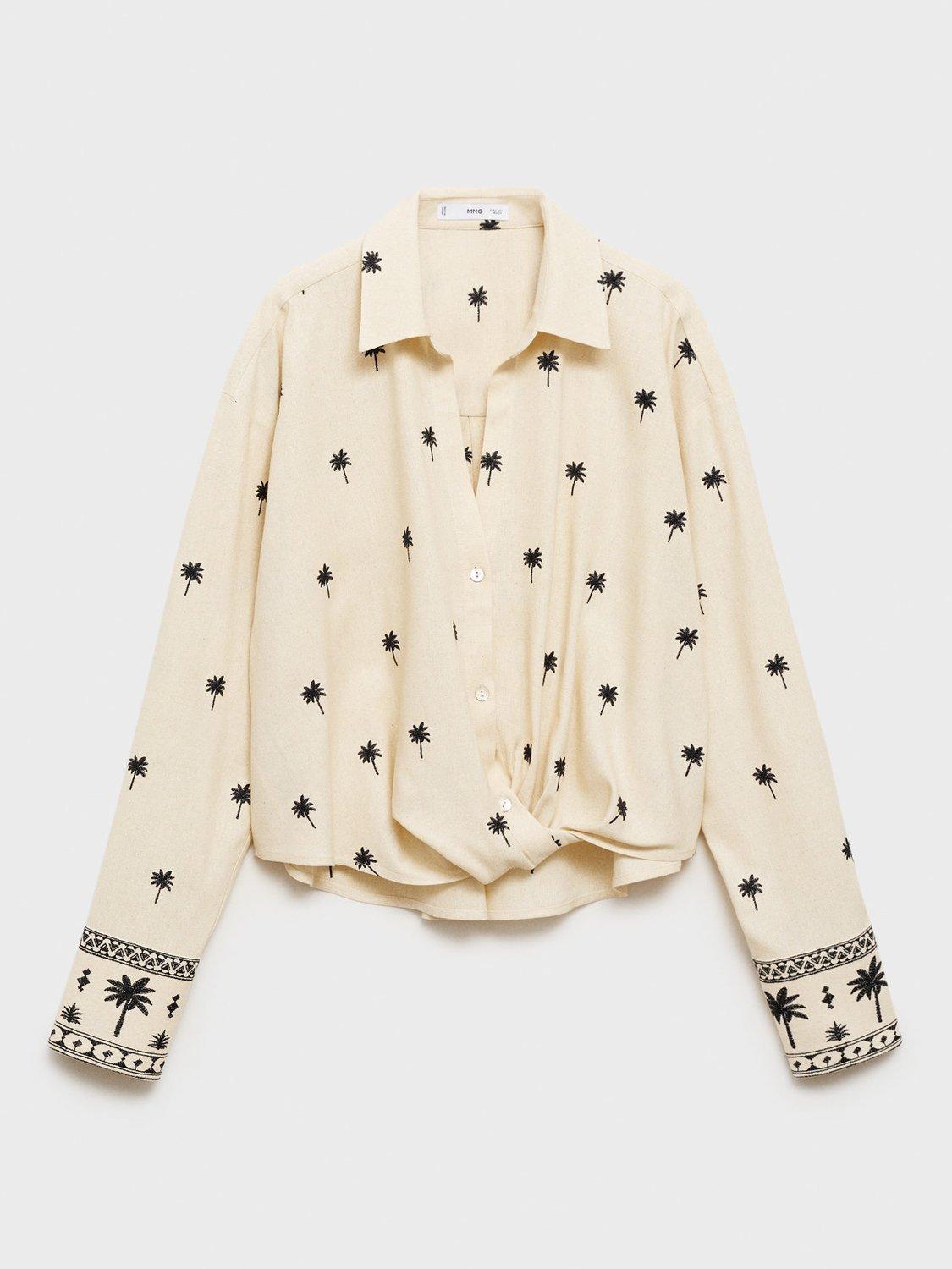 Product image 3 of 8, which shows Mango Embroidered Palm Knot Front Shirt, Beige/Black, 10