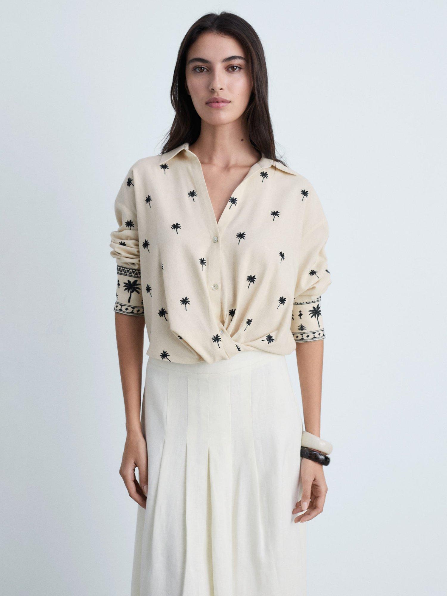 Product image 7 of 8, which shows Mango Embroidered Palm Knot Front Shirt, Beige/Black, 10