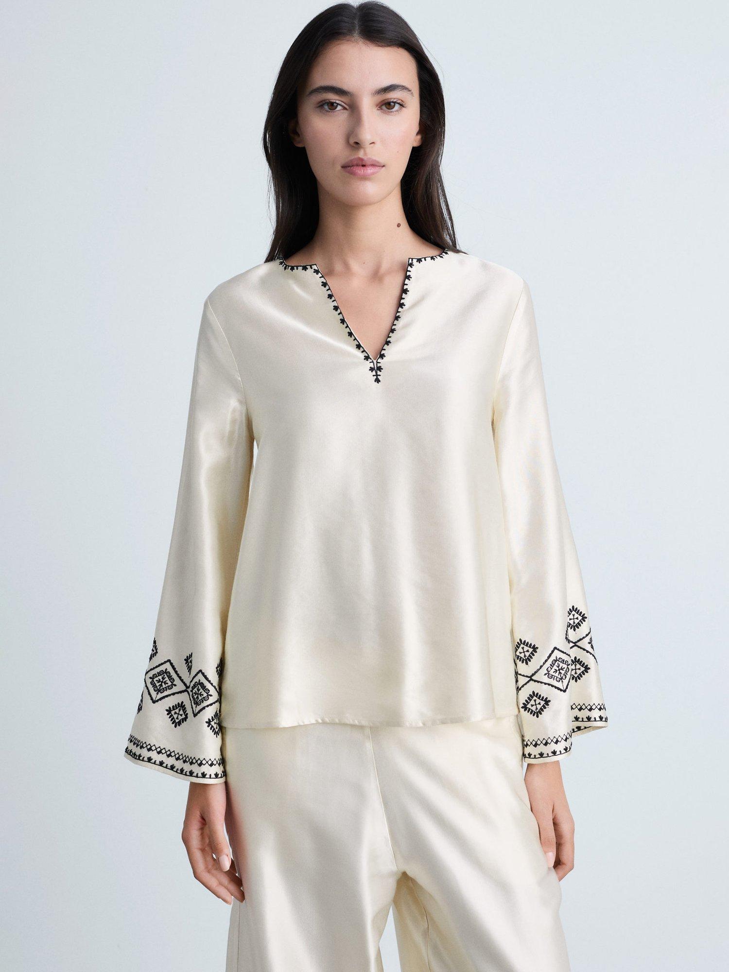 Mango Ziad Embroidered Satin Top, Beige/Black