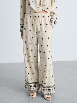 Mango Embroidered Palm Straight Trousers, Beige/Black, Beige/Black