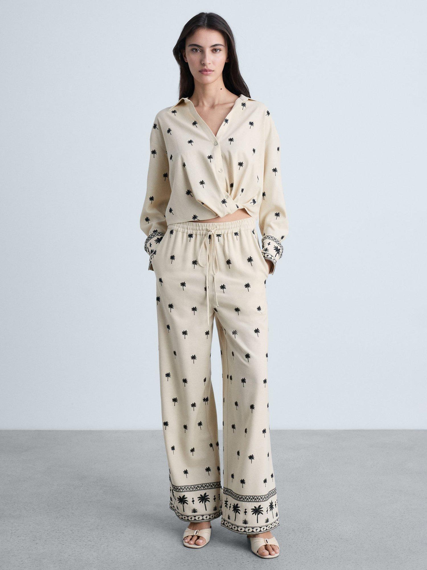 Product image 2 of 7, which shows Mango Embroidered Palm Straight Trousers, Beige/Black, L