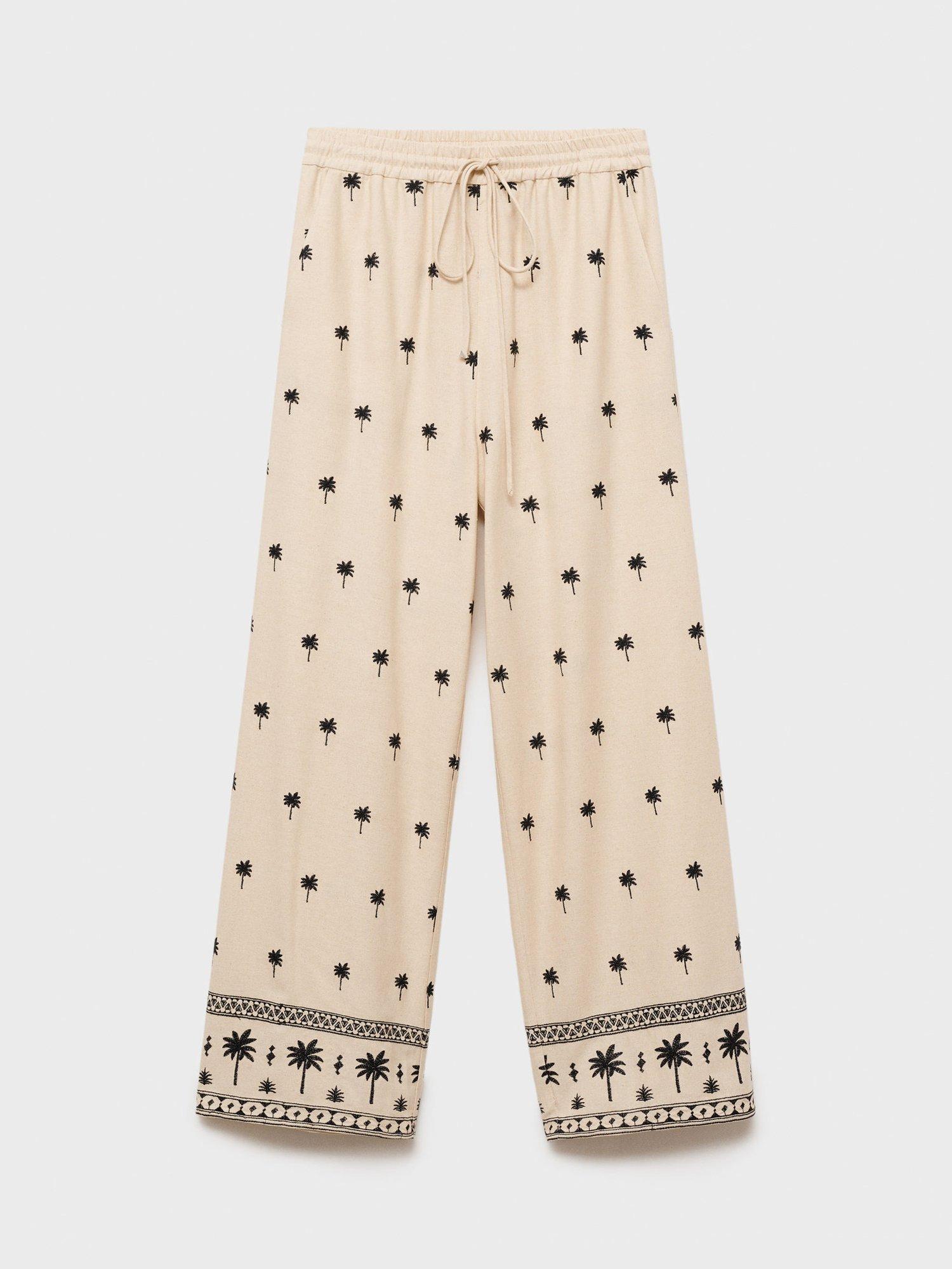 Product image 3 of 7, which shows Mango Embroidered Palm Straight Trousers, Beige/Black, L