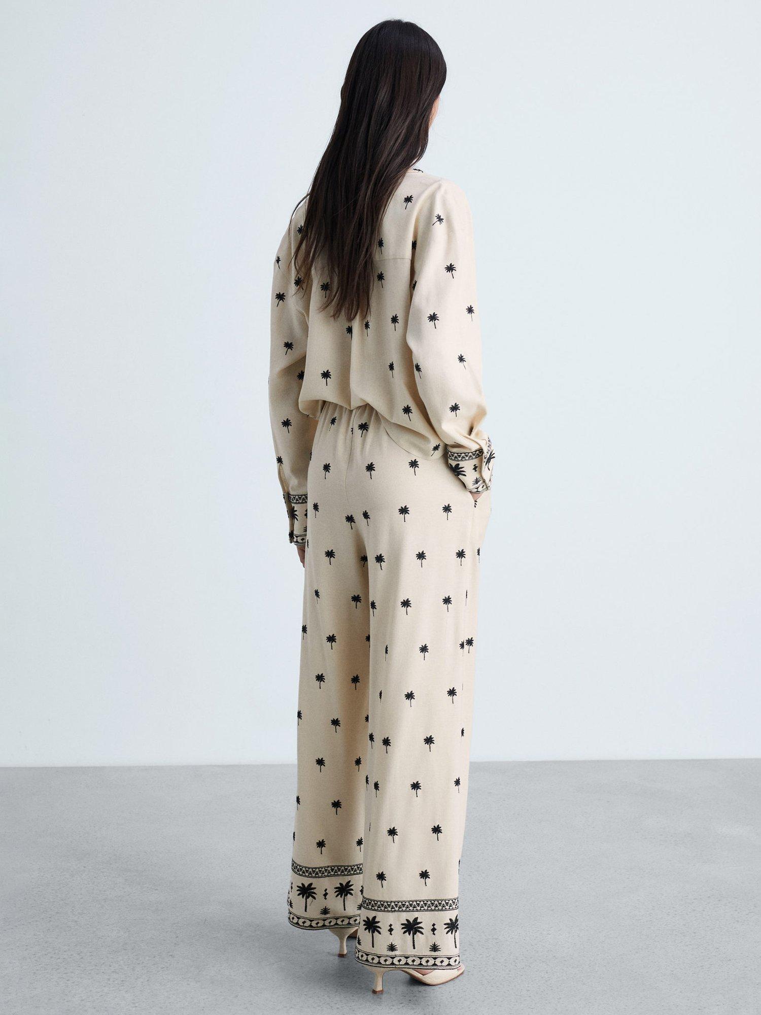 Product image 4 of 7, which shows Mango Embroidered Palm Straight Trousers, Beige/Black, L