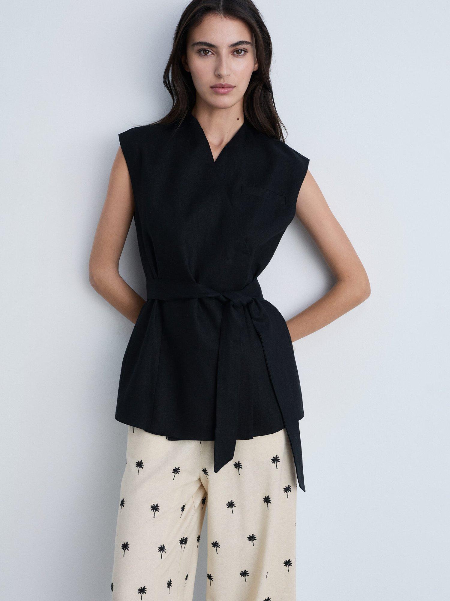 Product image 6 of 7, which shows Mango Embroidered Palm Straight Trousers, Beige/Black, L