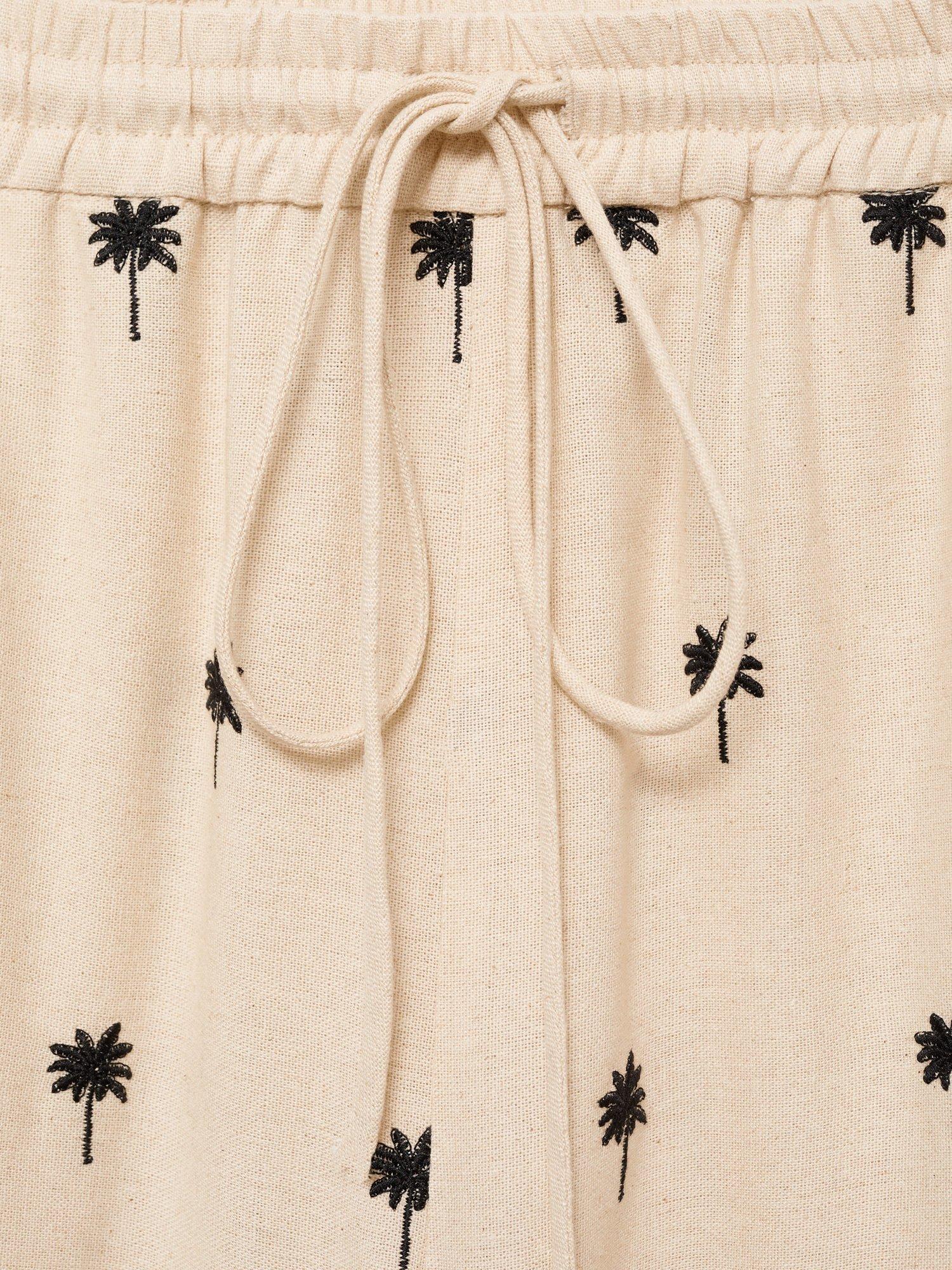 Product image 7 of 7, which shows Mango Embroidered Palm Straight Trousers, Beige/Black, L