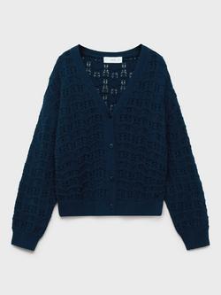 Mango Kids' Isla Openwork V-Neck Cardigan, Navy, Navy