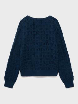 Mango Kids' Isla Openwork V-Neck Cardigan, Navy - view 2, Navy