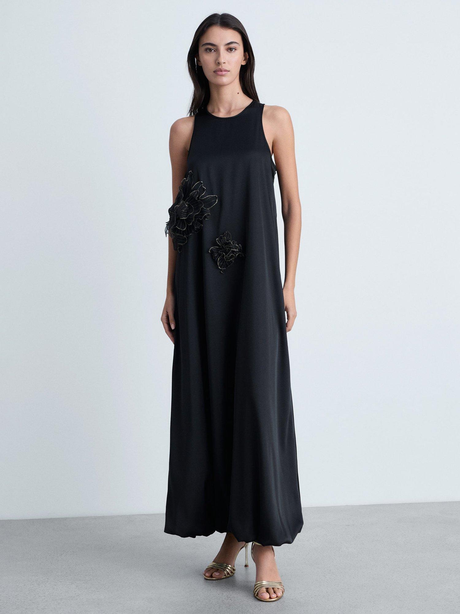 Product image 1 of 8, which shows Mango Flor Flower Corsage Satin Maxi Dress, Black, 10