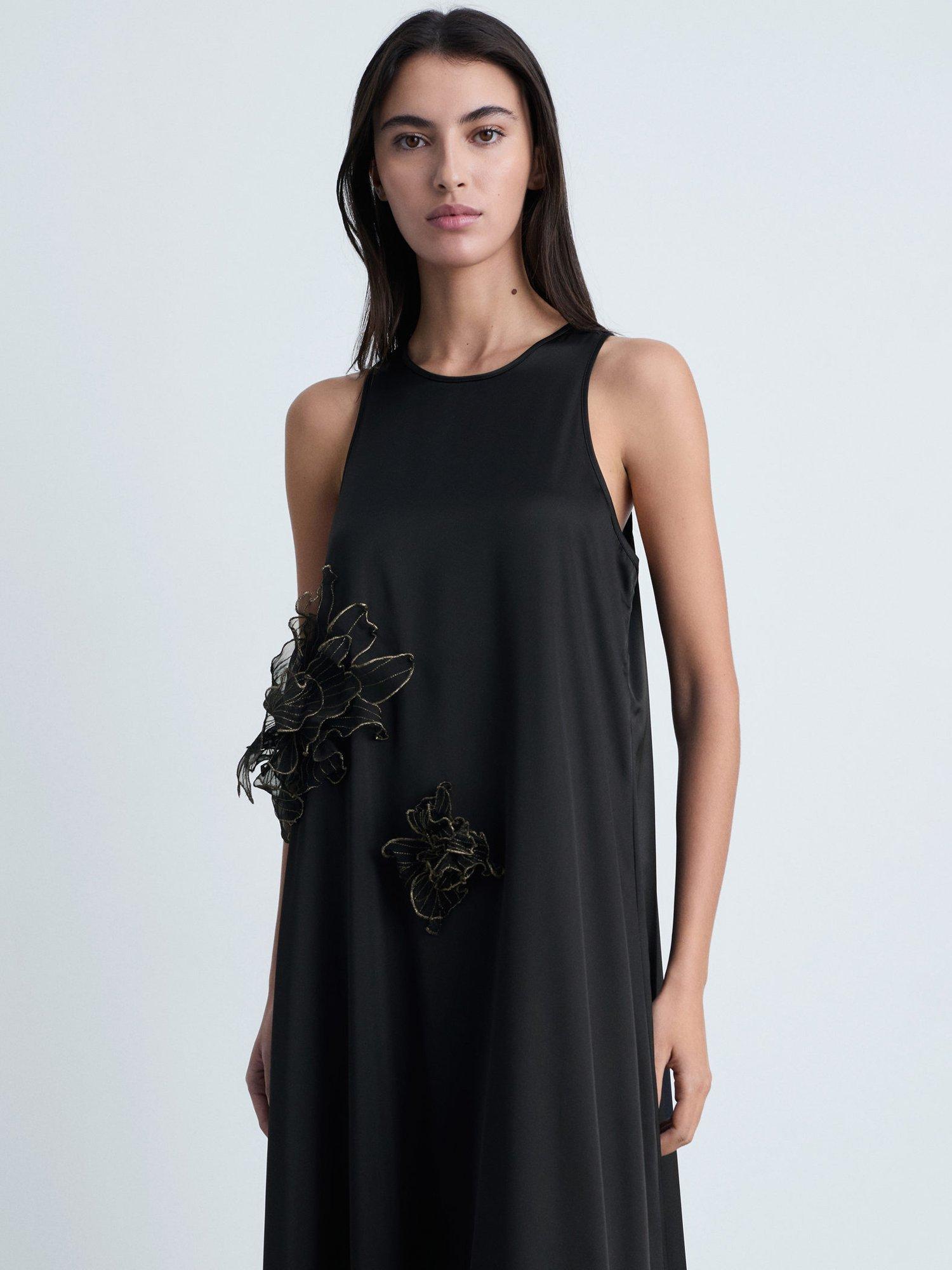 Product image 2 of 8, which shows Mango Flor Flower Corsage Satin Maxi Dress, Black, 10