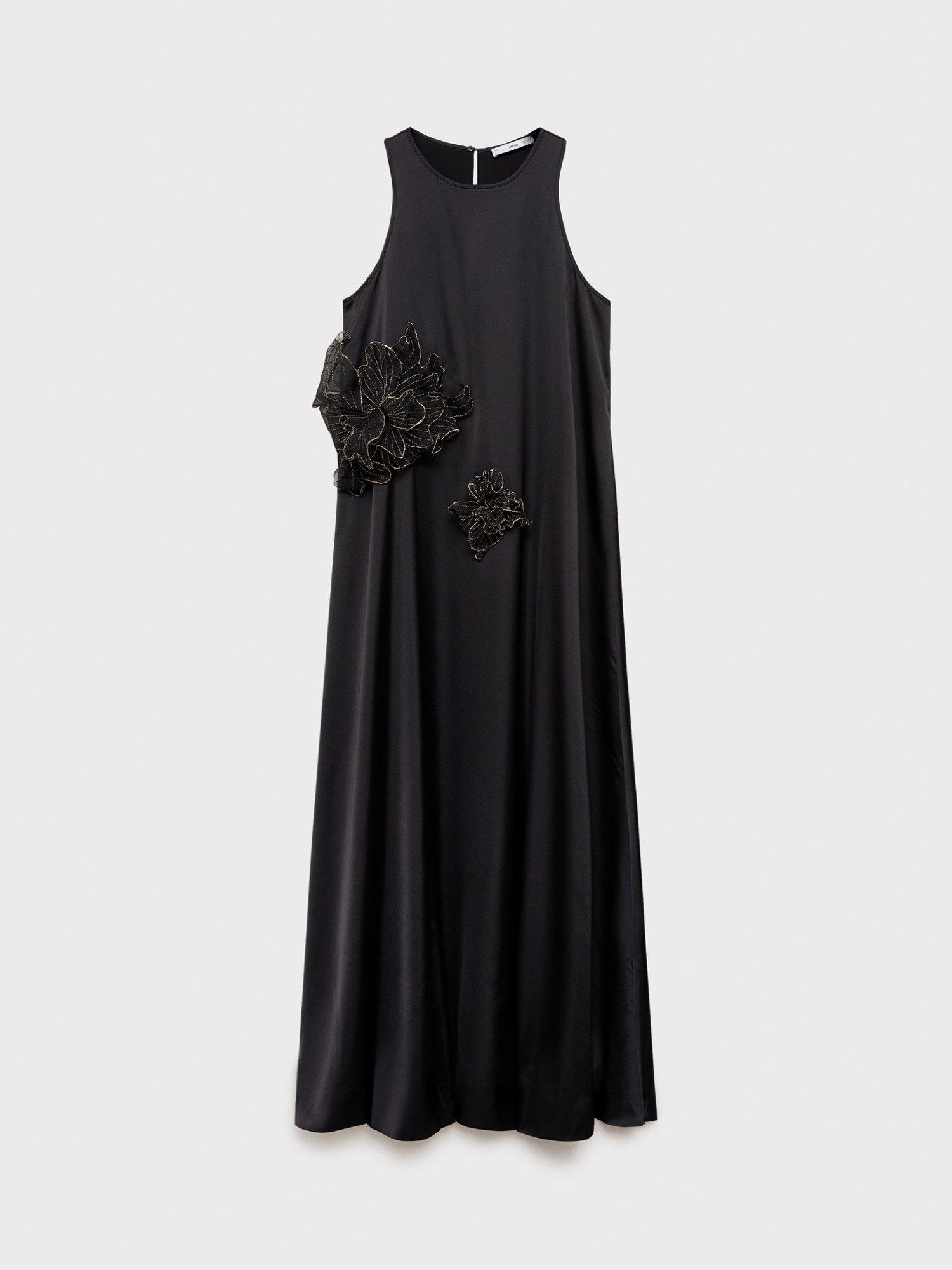 Product image 3 of 8, which shows Mango Flor Flower Corsage Satin Maxi Dress, Black, 10