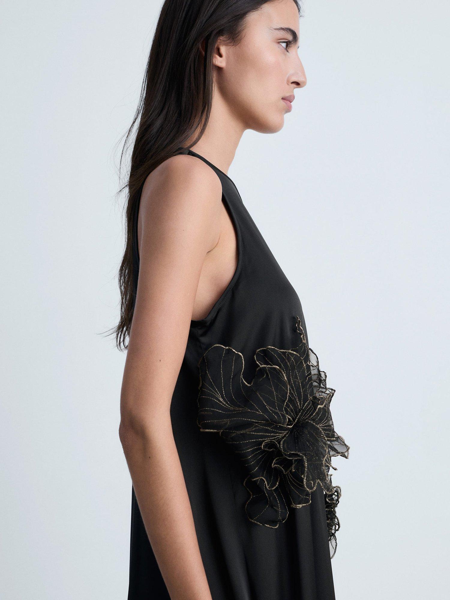 Product image 5 of 8, which shows Mango Flor Flower Corsage Satin Maxi Dress, Black, 10