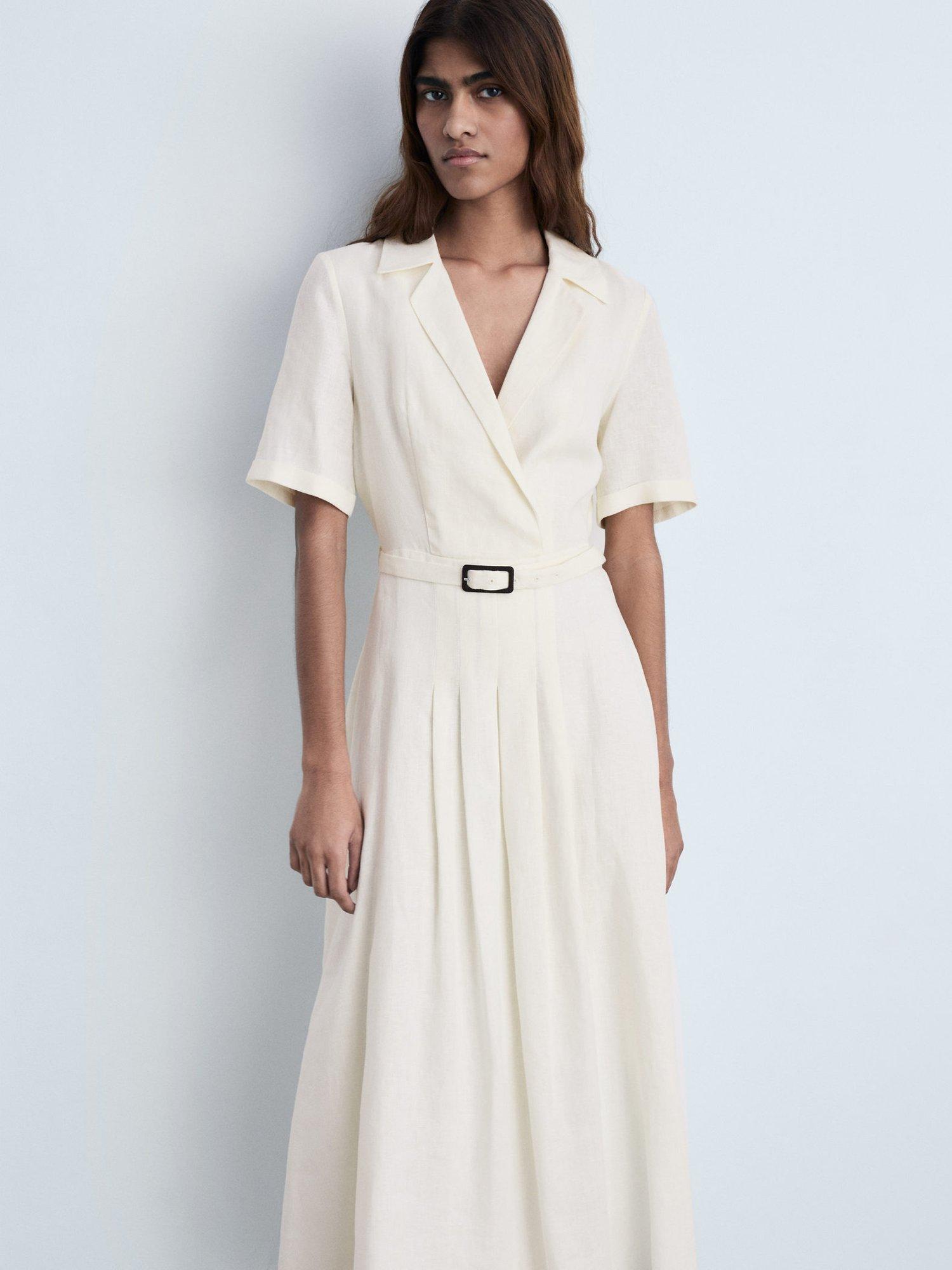 Mango Gold Belted Pure Linen Dress, Yellow
