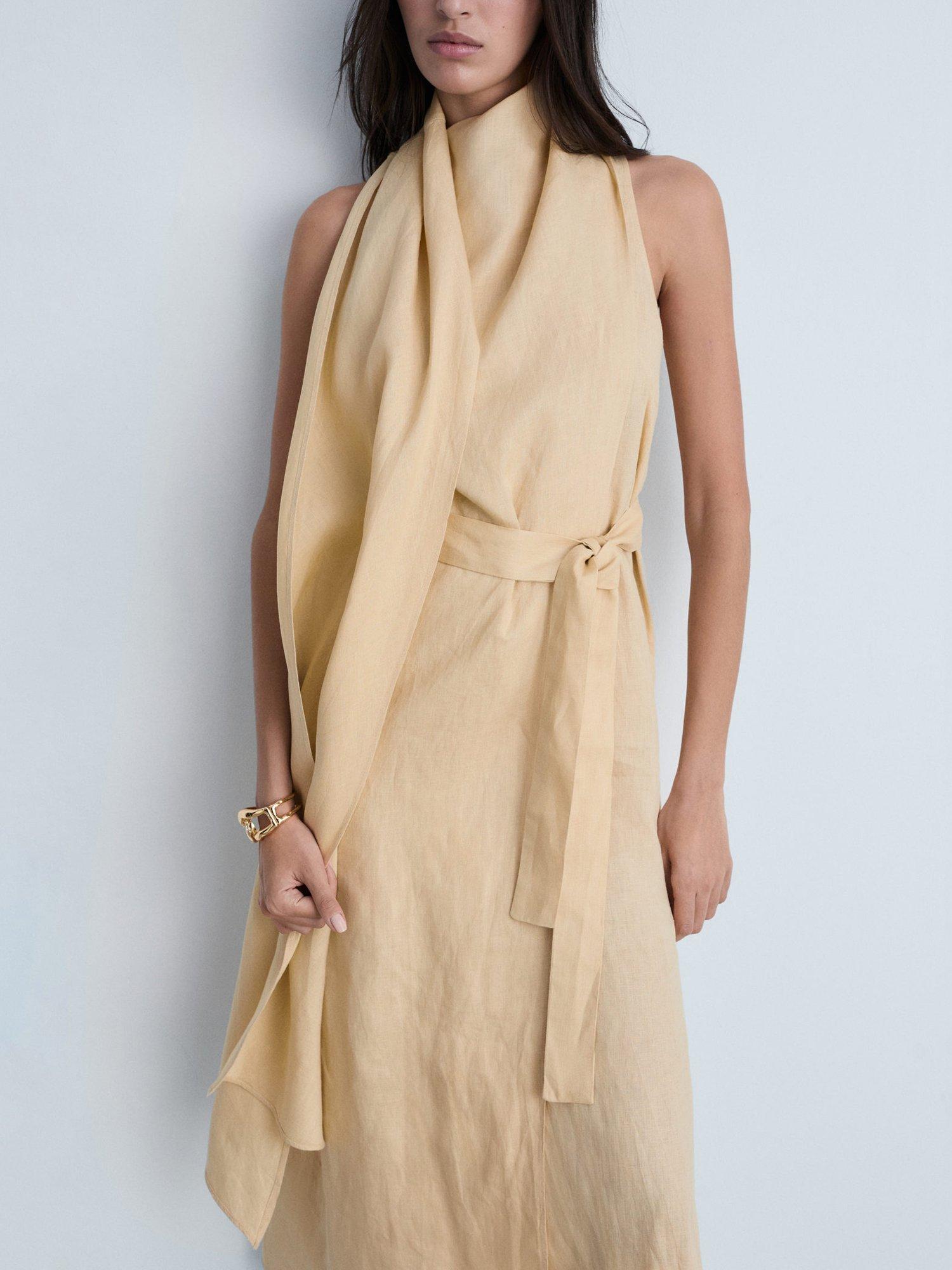 Product image 1 of 7, which shows Mango Oasis Drape Wrap Pure Linen Dress, Beige, 10