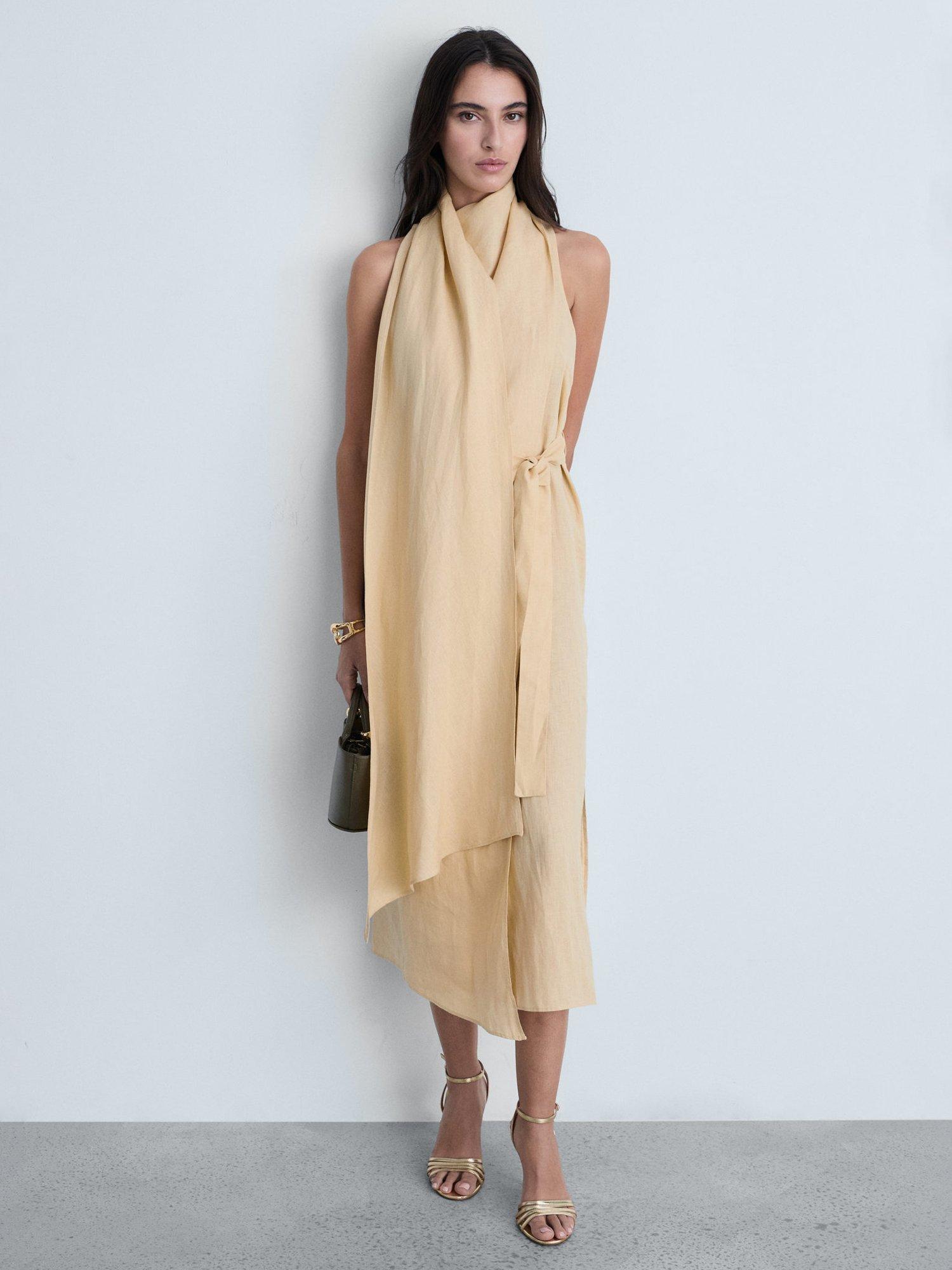 Product image 2 of 7, which shows Mango Oasis Drape Wrap Pure Linen Dress, Beige, 10