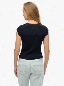 Superdry Athletic Essential Lace Trim V-Neck Top - view 2, Eclipse Navy