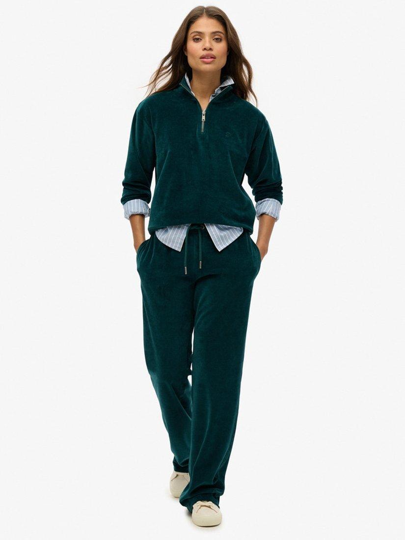 Product image 1 of 6, which shows Superdry Velour Wide Leg Joggers, Dark Pine Green, 6