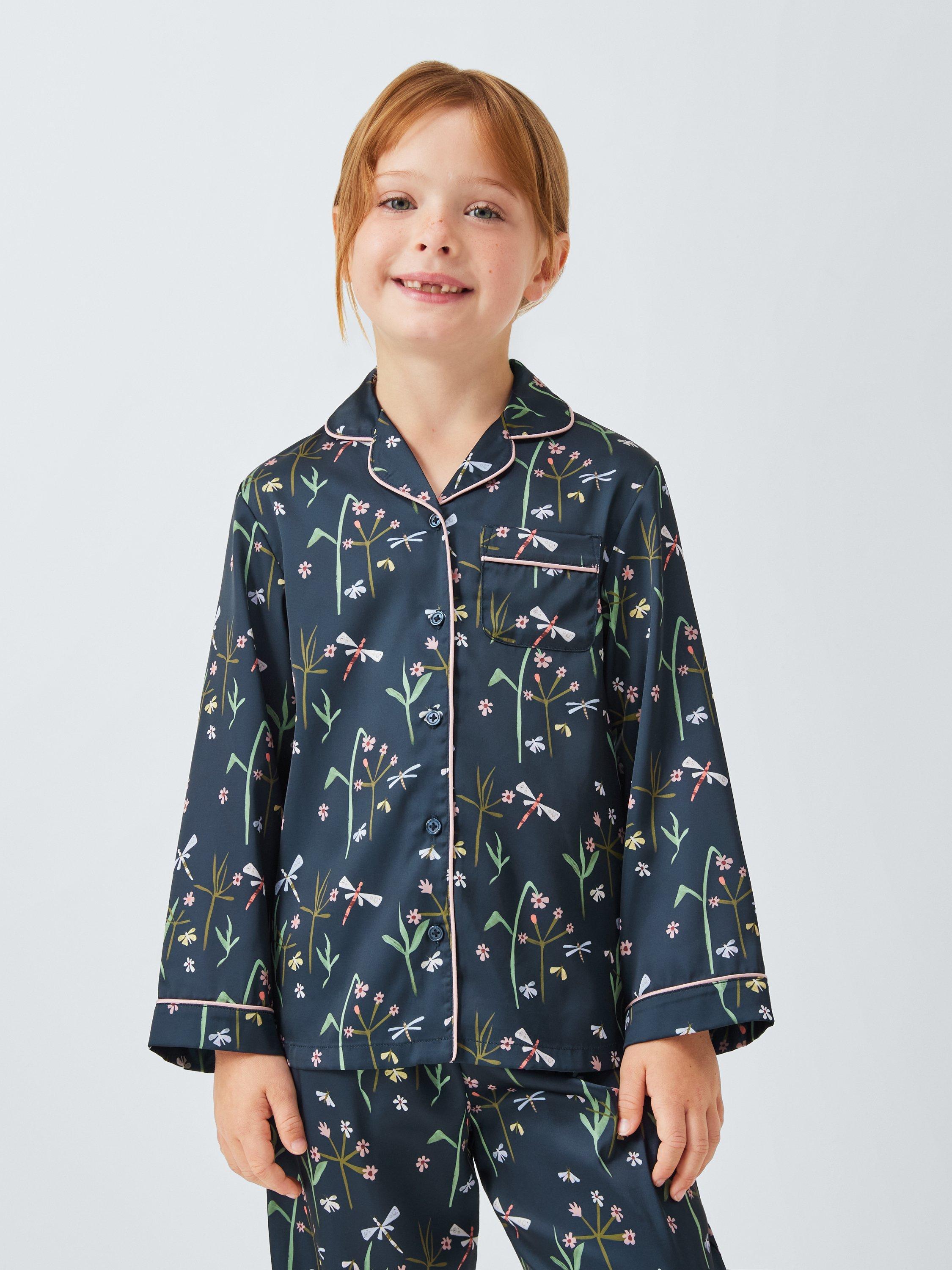 Product image 1 of 7, which shows John Lewis Kids' Dragonfly Satin Pyjama Set & Scrunchie, Navy, 5 years