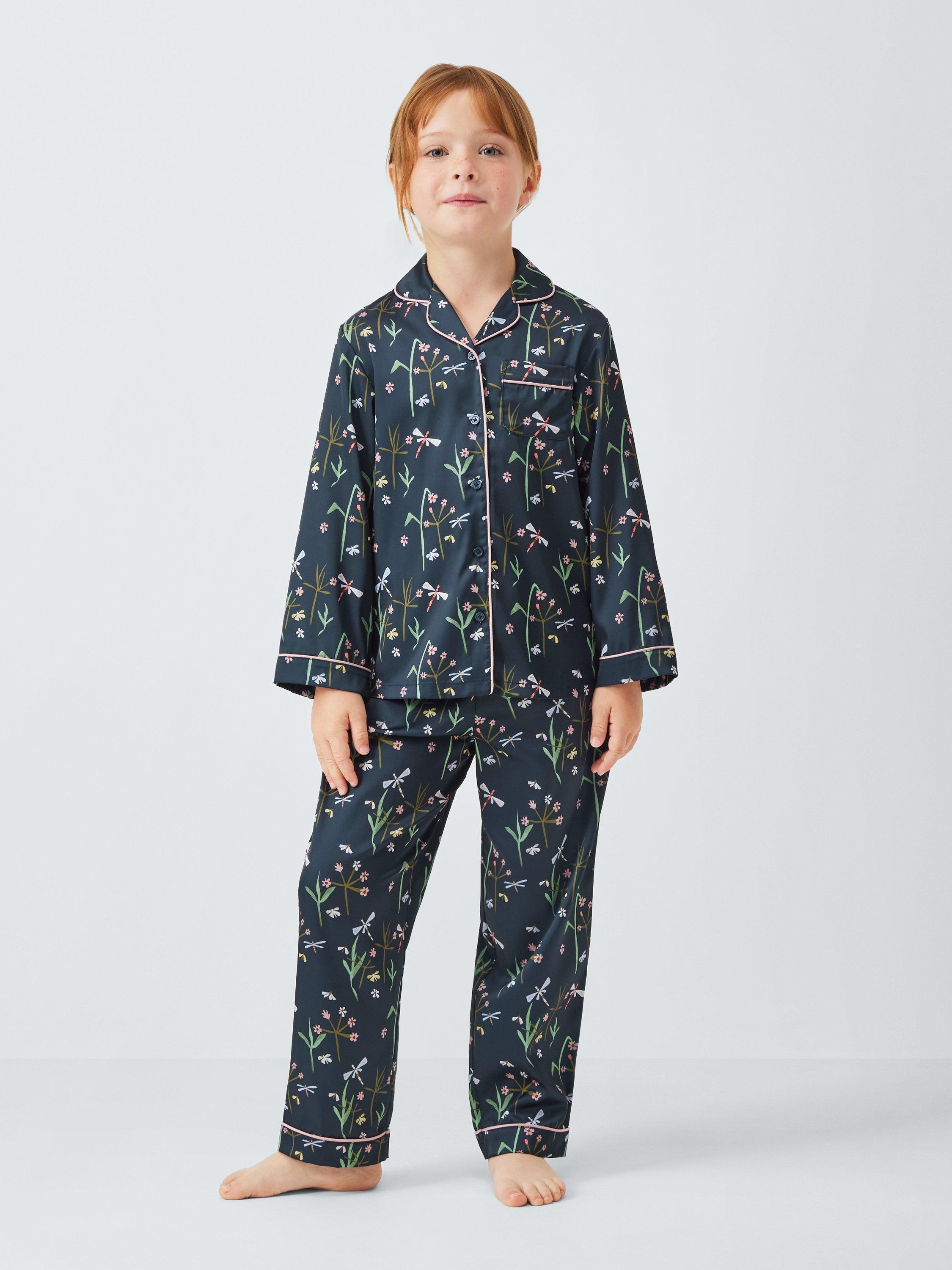 Product image 2 of 7, which shows John Lewis Kids' Dragonfly Satin Pyjama Set & Scrunchie, Navy, 5 years