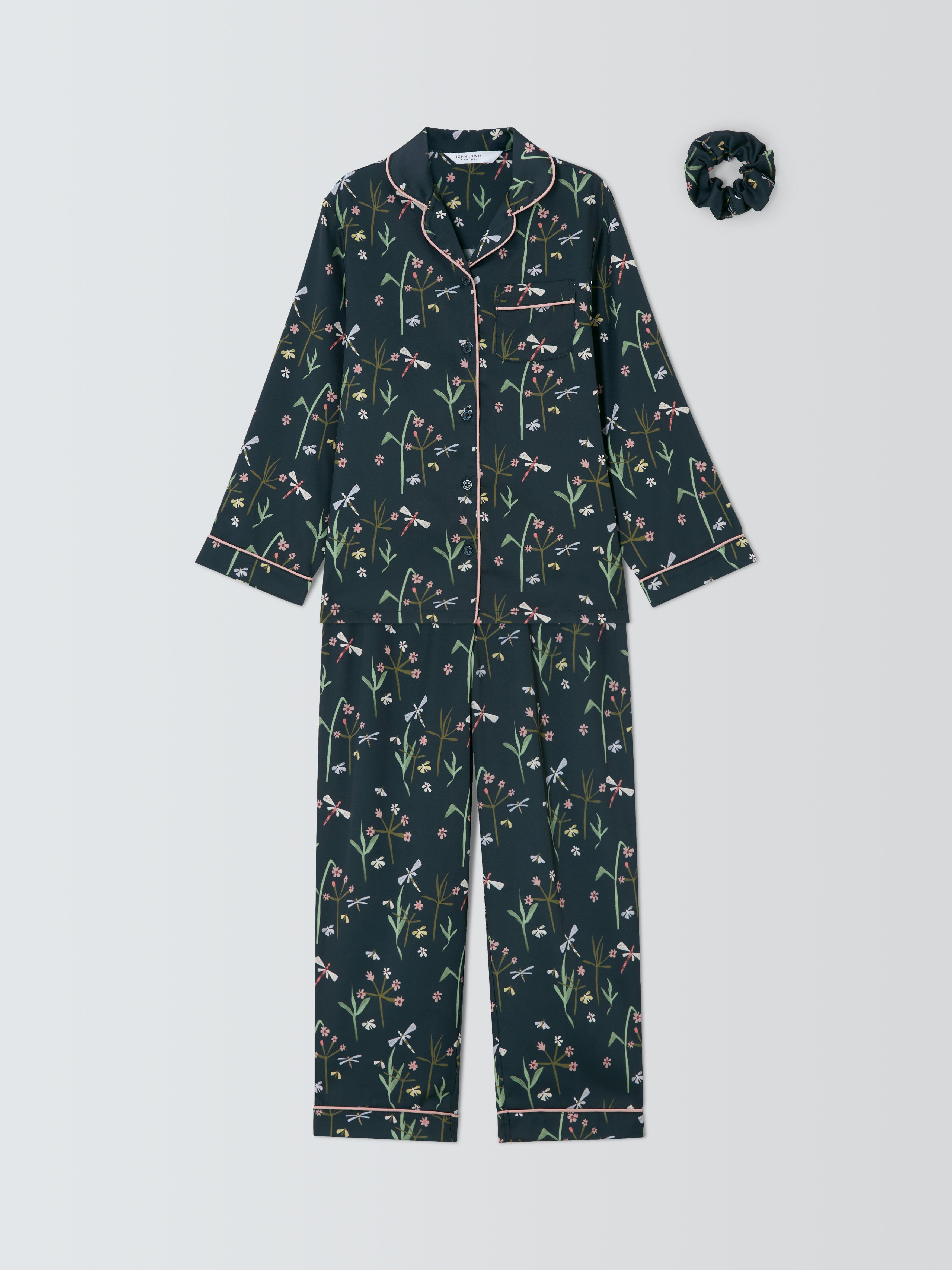 Product image 3 of 7, which shows John Lewis Kids' Dragonfly Satin Pyjama Set & Scrunchie, Navy, 5 years