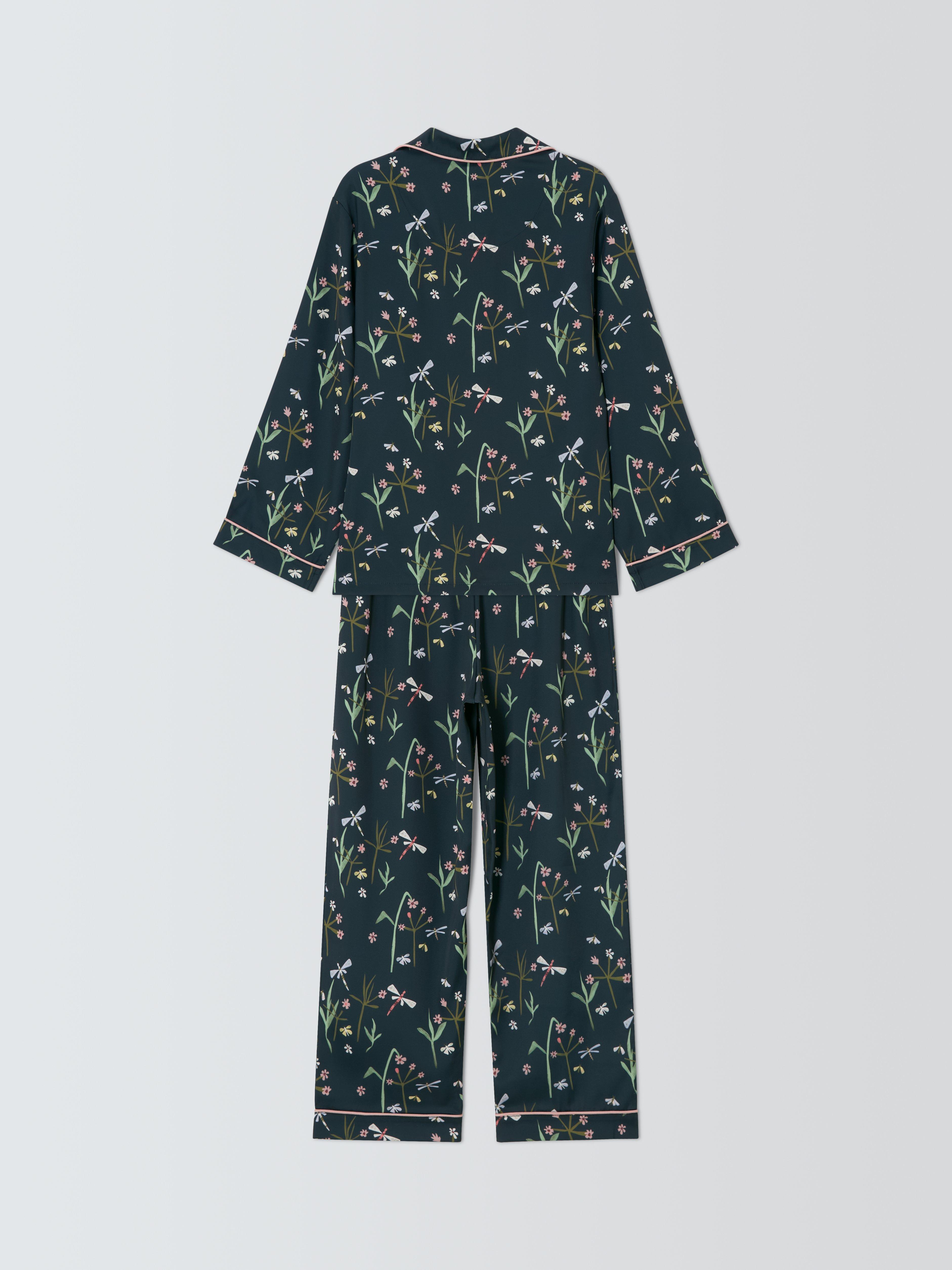 Product image 4 of 7, which shows John Lewis Kids' Dragonfly Satin Pyjama Set & Scrunchie, Navy, 5 years