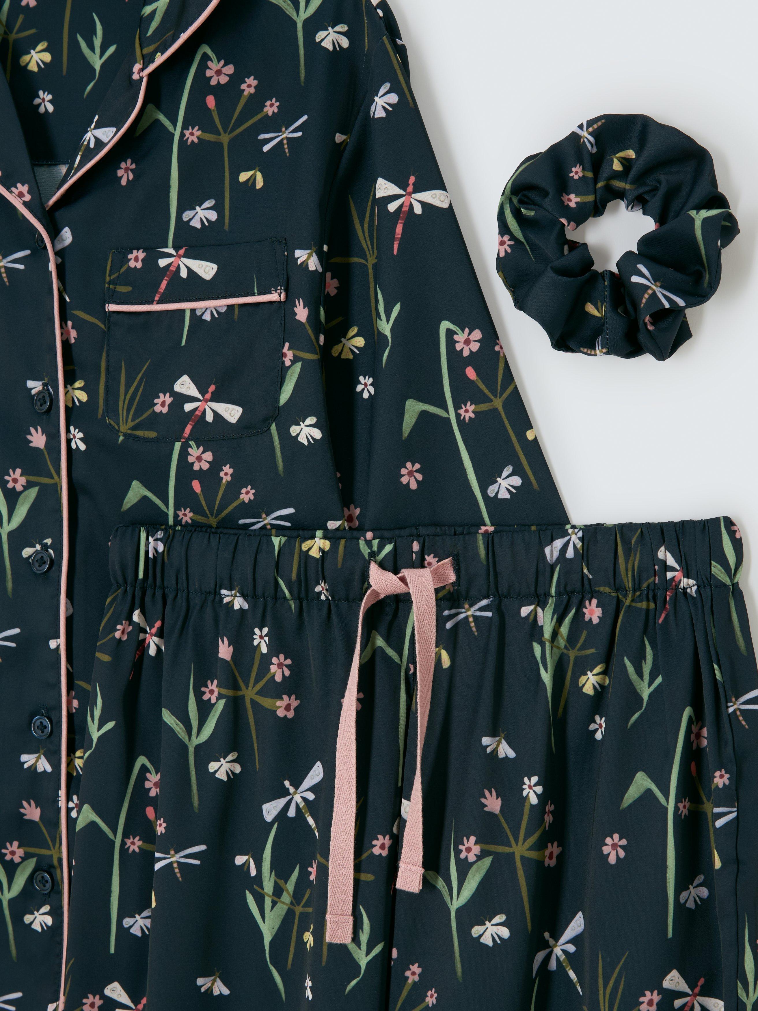 Product image 5 of 7, which shows John Lewis Kids' Dragonfly Satin Pyjama Set & Scrunchie, Navy, 5 years