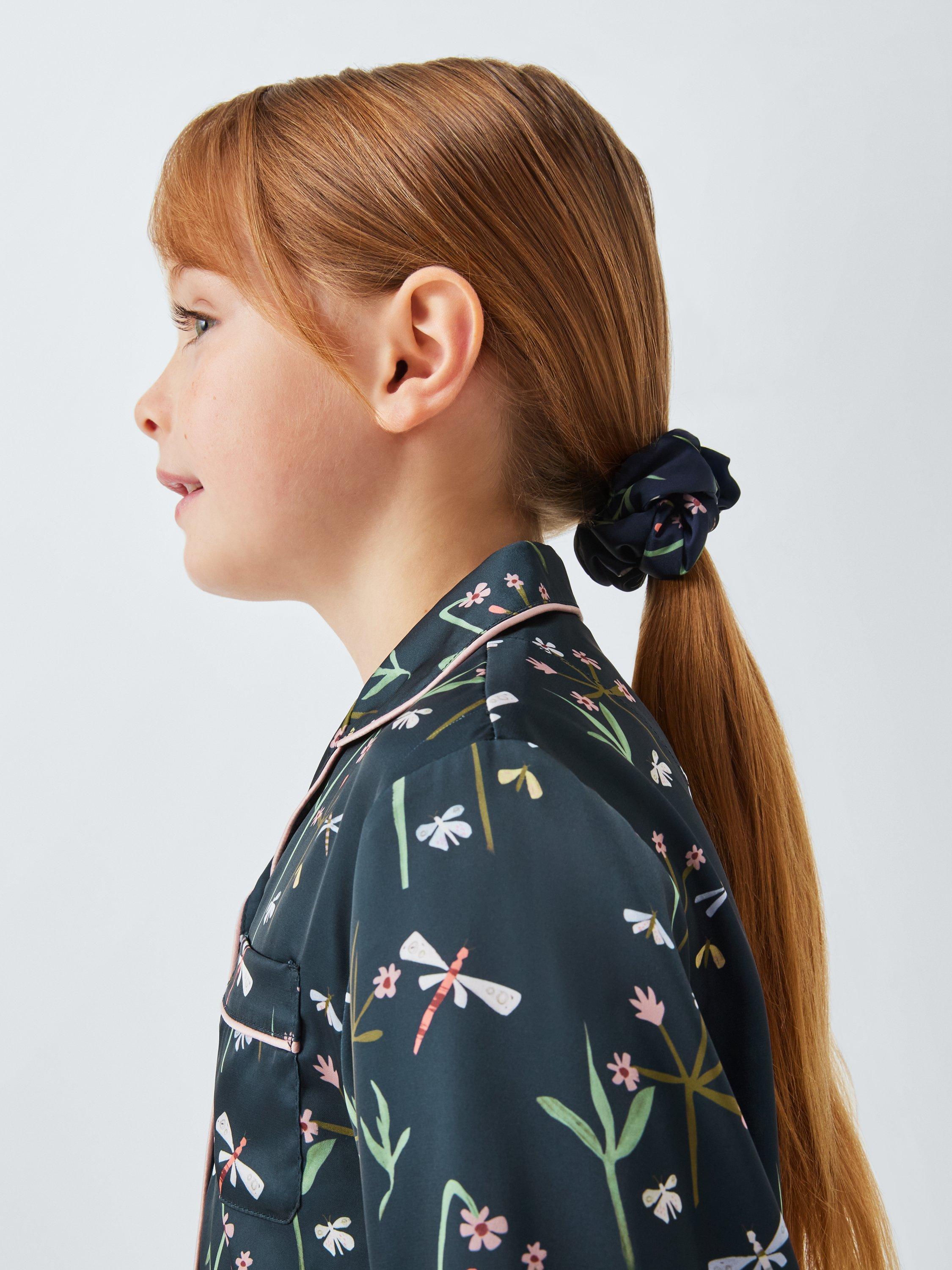 Product image 6 of 7, which shows John Lewis Kids' Dragonfly Satin Pyjama Set & Scrunchie, Navy, 5 years