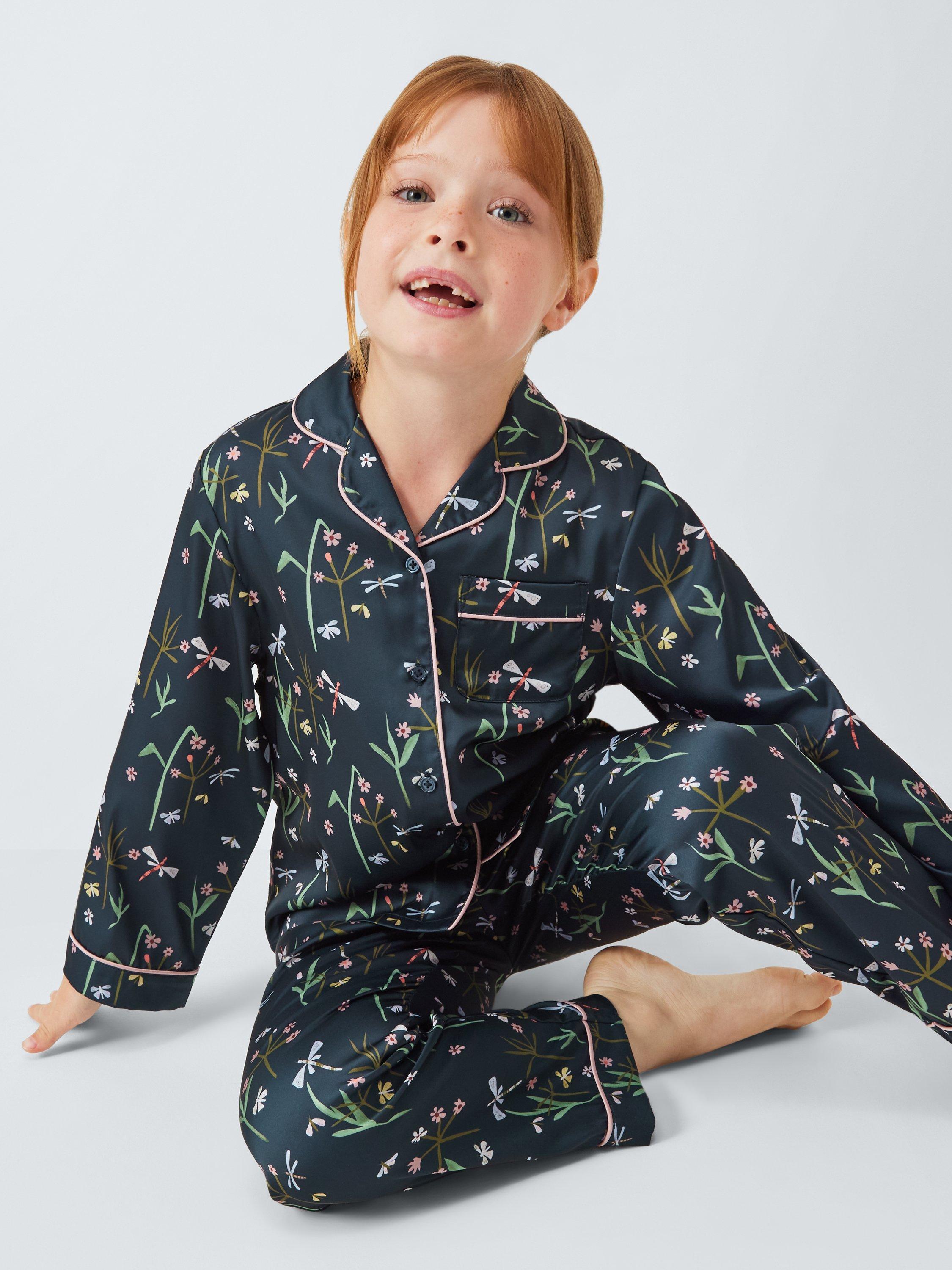 Product image 7 of 7, which shows John Lewis Kids' Dragonfly Satin Pyjama Set & Scrunchie, Navy, 5 years