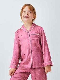 John Lewis Kids' Heart Print Satin Pyjama Set & Scrunchie, Pink, Pink