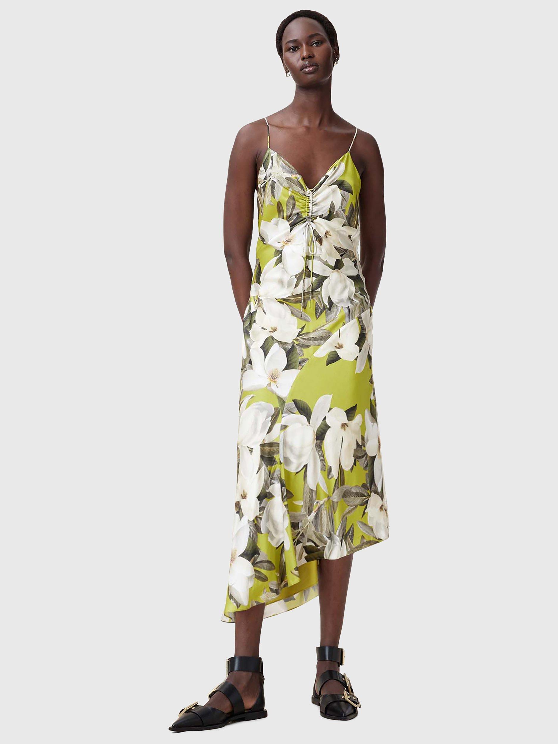 Product image 1 of 7, which shows AllSaints Alexia Floral Asymmetric Hem Dress, Revive Stem Green, 14