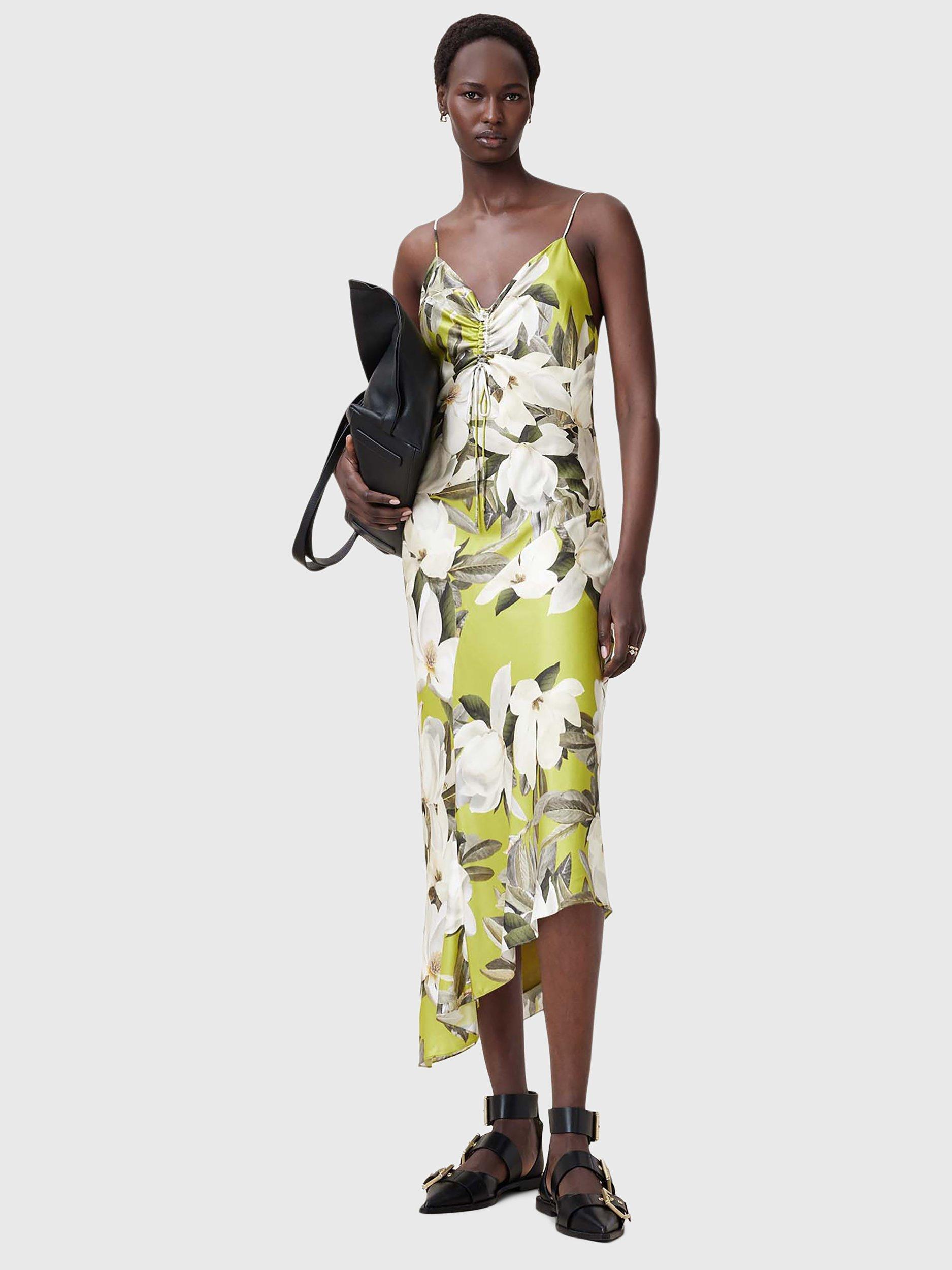 Product image 3 of 7, which shows AllSaints Alexia Floral Asymmetric Hem Dress, Revive Stem Green, 14