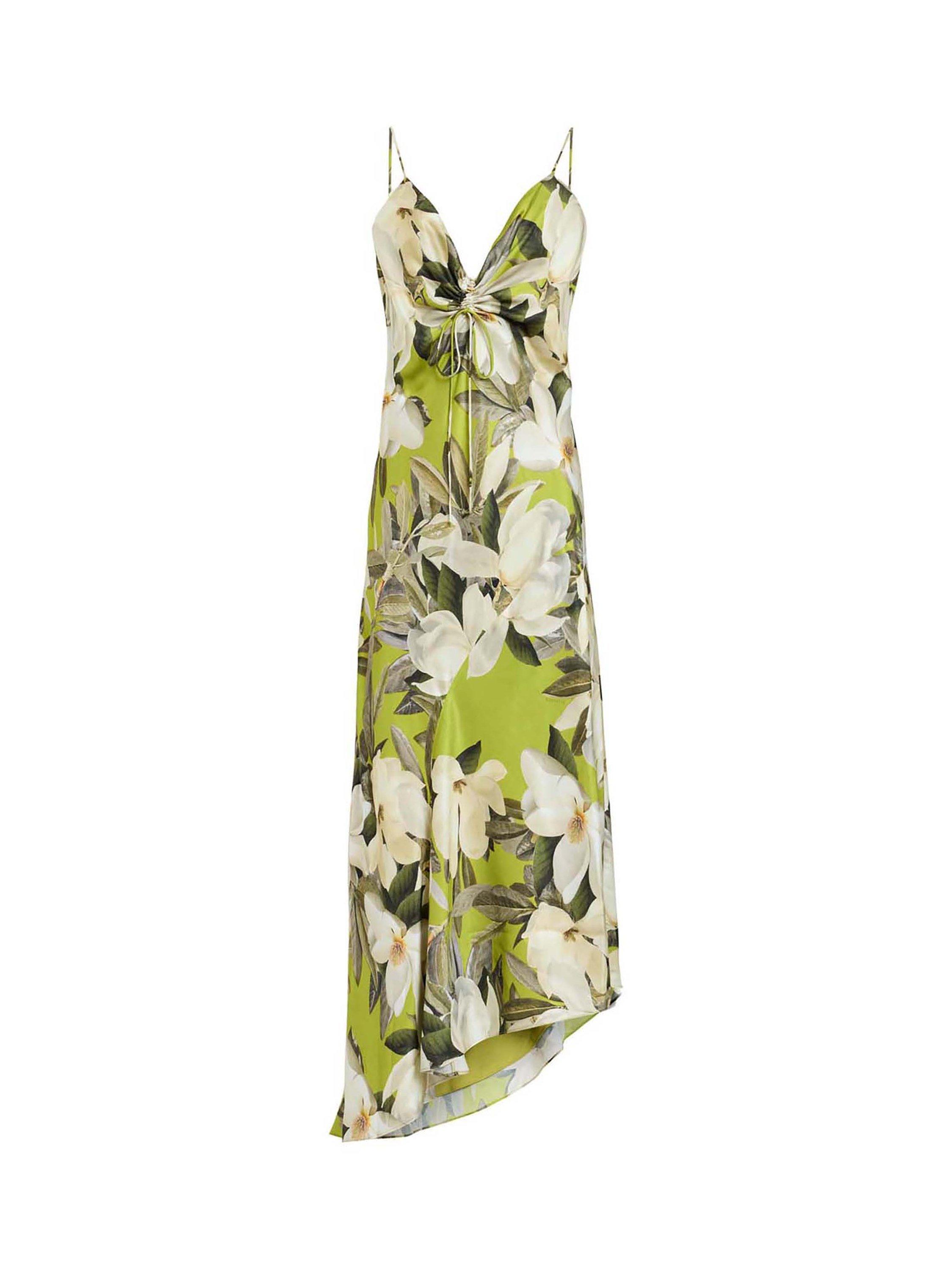 Product image 4 of 7, which shows AllSaints Alexia Floral Asymmetric Hem Dress, Revive Stem Green, 14