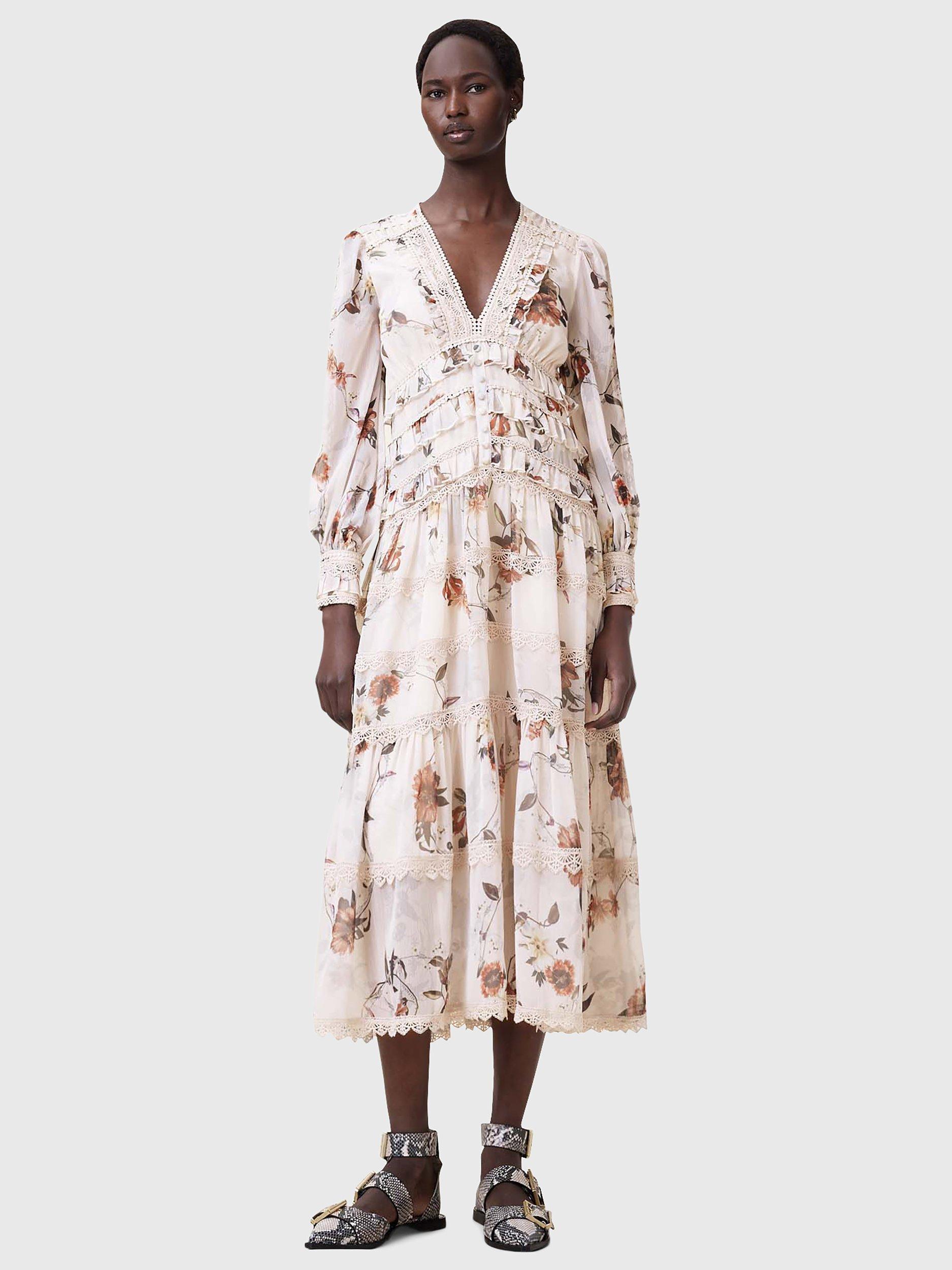 Product image 1 of 8, which shows AllSaints Zora Floral Ruffle Dress, Off White/Multi, 10