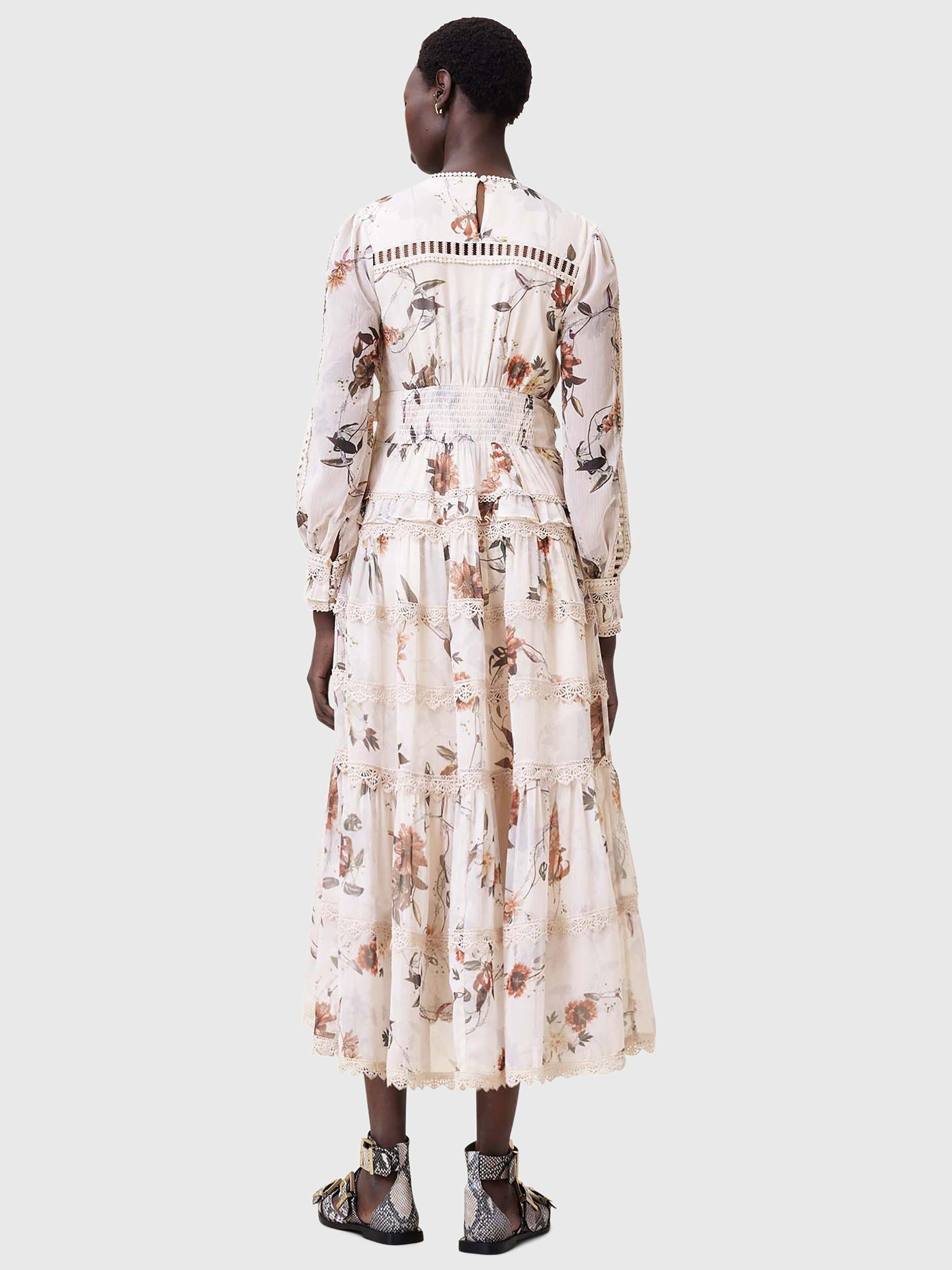 Product image 2 of 8, which shows AllSaints Zora Floral Ruffle Dress, Off White/Multi, 10