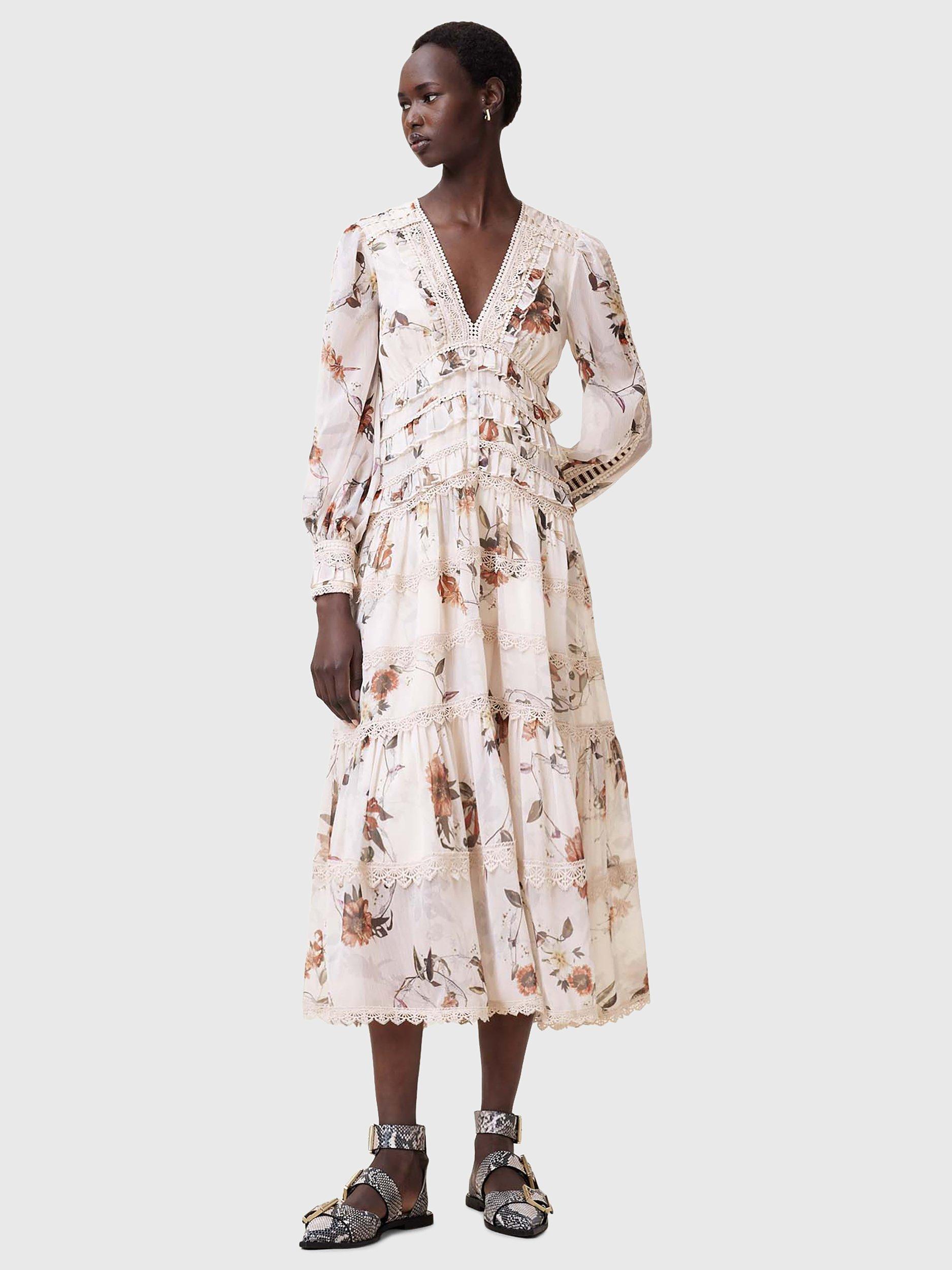 Product image 3 of 8, which shows AllSaints Zora Floral Ruffle Dress, Off White/Multi, 10